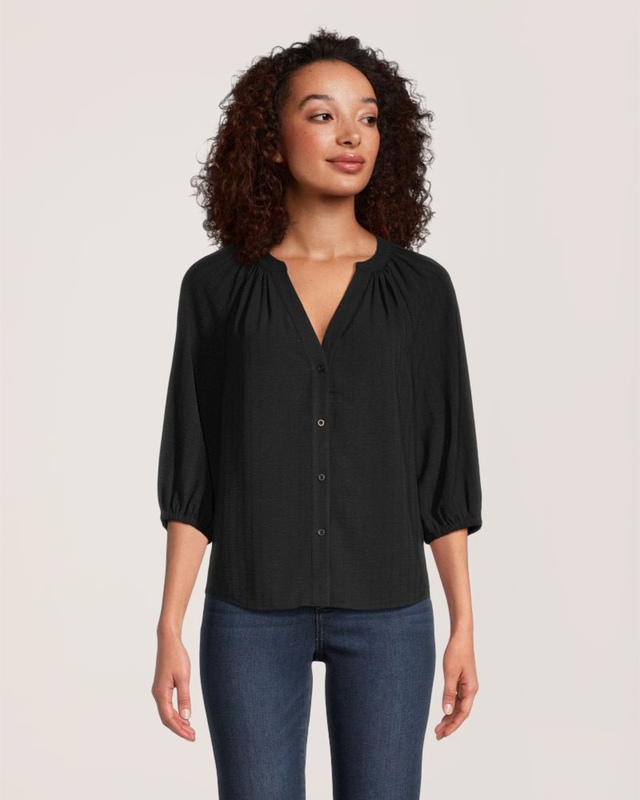 Denver Hayes Women's Hammered Weave Button Up 3Q Sleeve Blouse