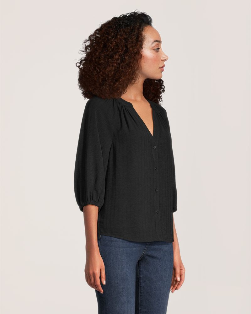 Denver Hayes Women's Hammered Weave Button Up 3Q Sleeve Blouse