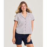 Denver Hayes Women's Short Sleeve Linen Blend Relaxed Button Up Shirt Front_Flat