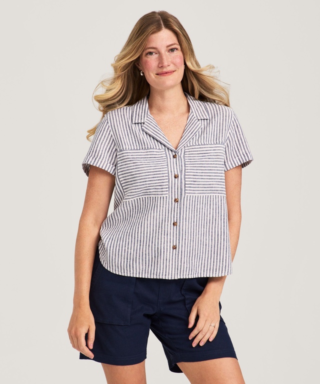 Denver Hayes Women's Short Sleeve Linen Blend Relaxed Button Up Shirt