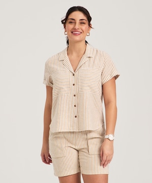 Chemise boutonnée décontractée en mélange de lin à manches courtes pour femmes, Denver Hayes