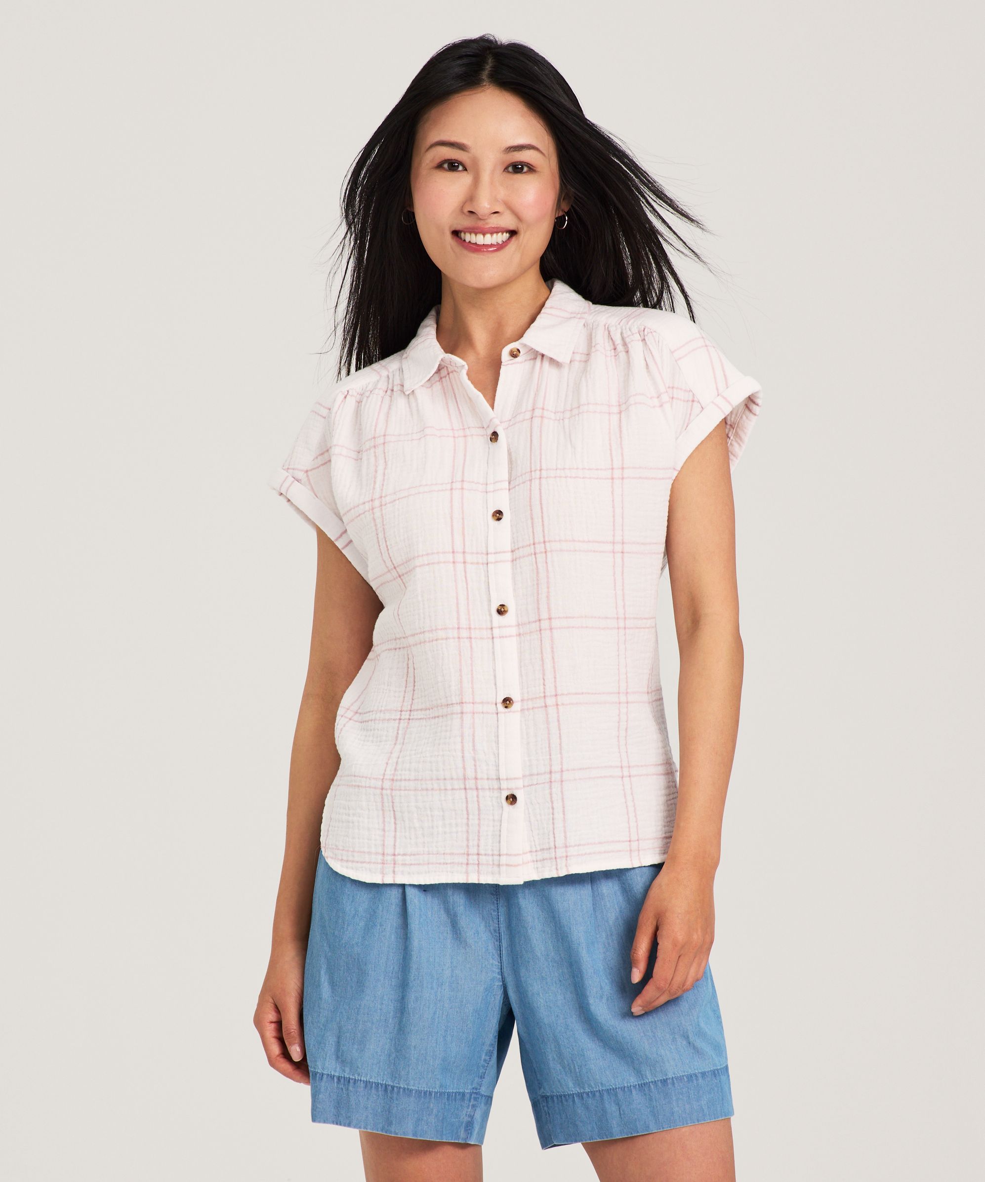 Chemise boutonnée en mousseline double à manches courtes pour femmes, Denver Hayes