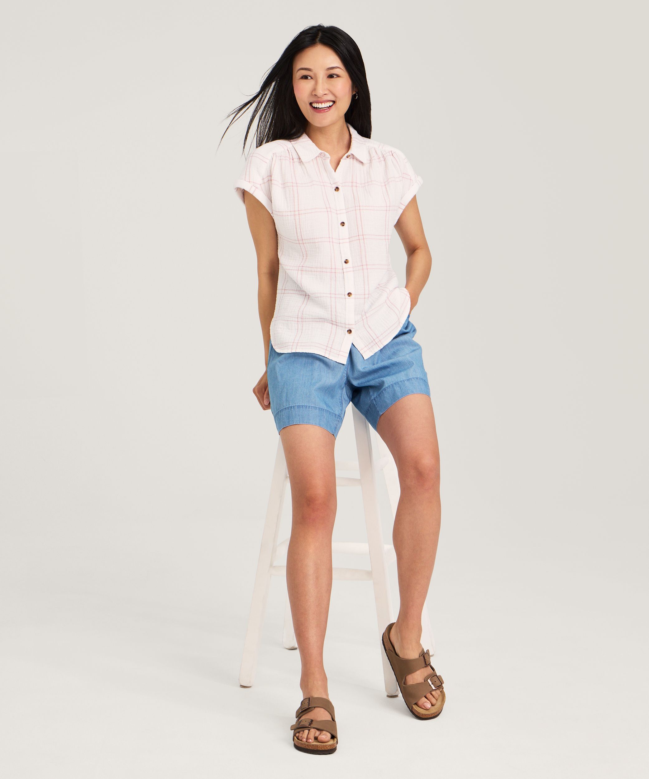 Chemise boutonnée en mousseline double à manches courtes pour femmes, Denver Hayes