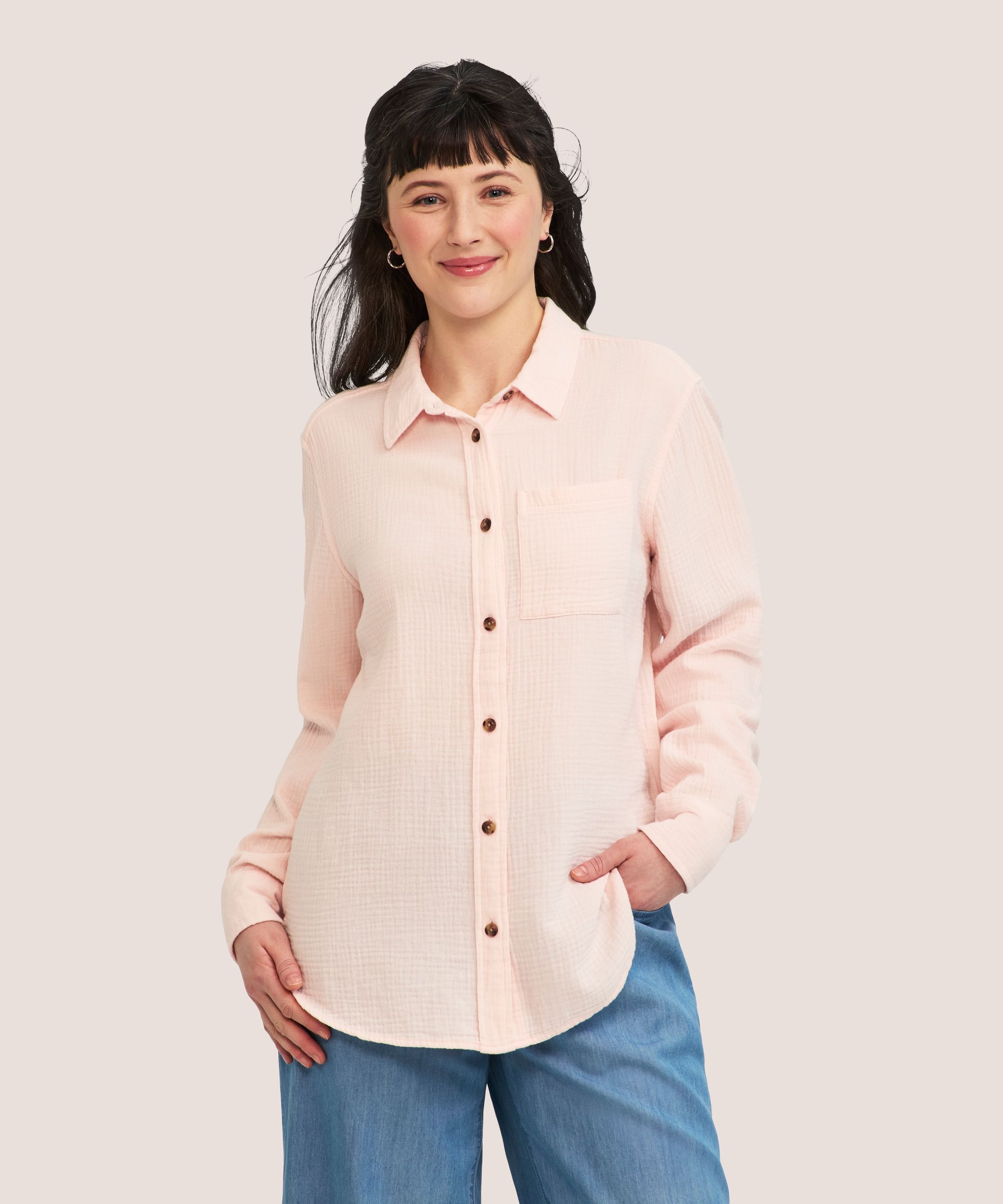 Chemise boutonnée à manches longues en mousseline double à coupe décontractée pour femmes, Denver Hayes