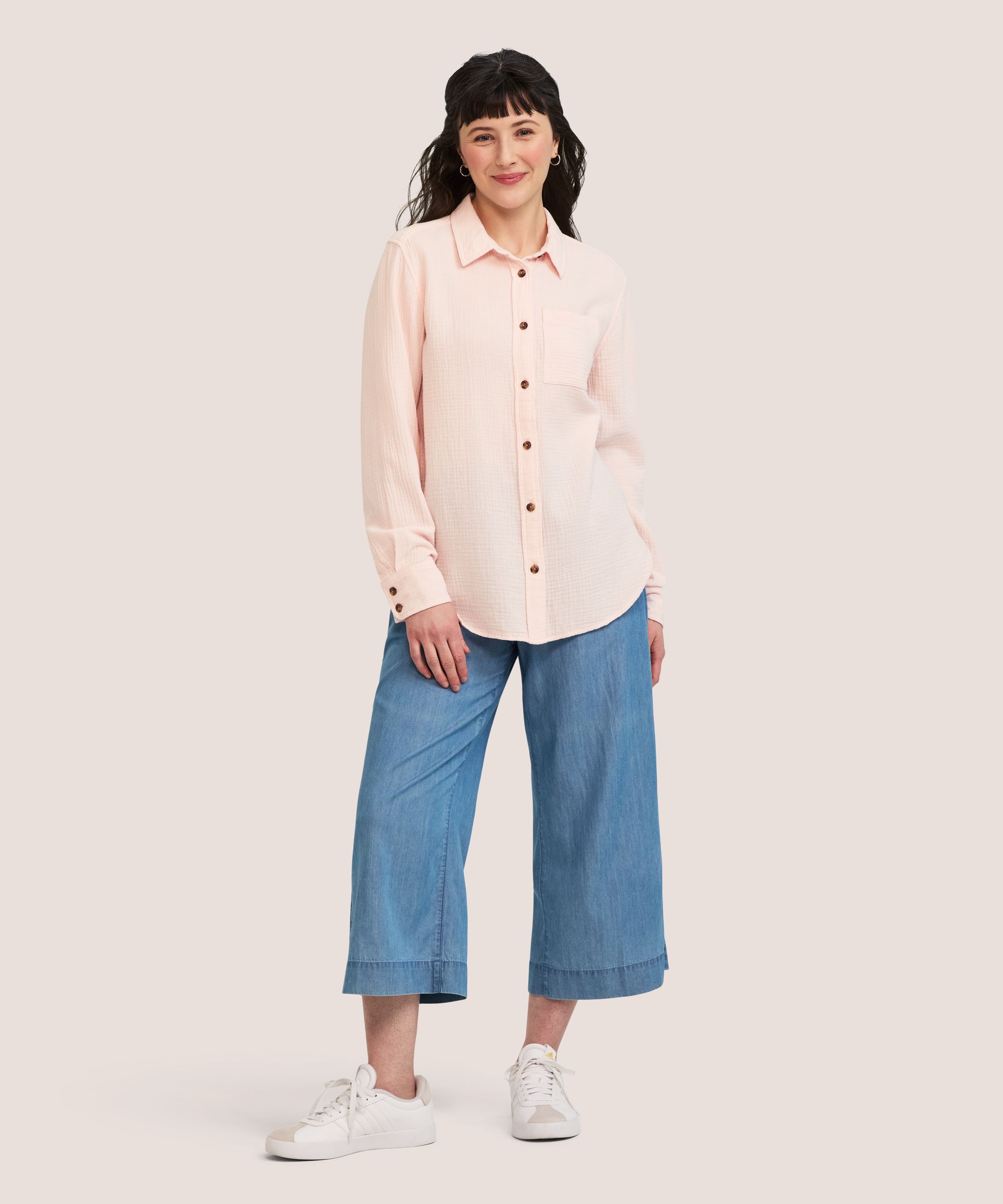 Chemise boutonnée à manches longues en mousseline double à coupe décontractée pour femmes, Denver Hayes