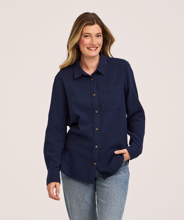 Chemise boutonnée à manches longues en mousseline double à coupe décontractée pour femmes, Denver Hayes