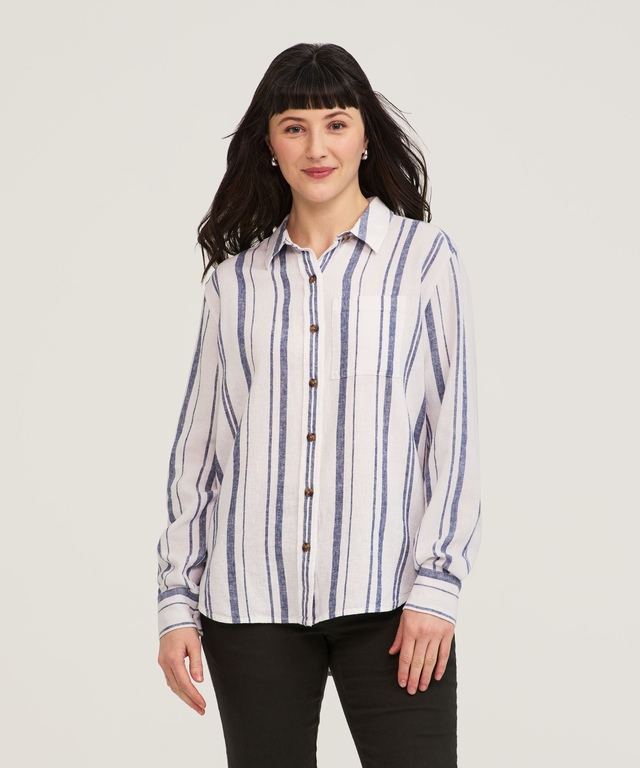 Denver Hayes Women's Long Sleeve Linen Blend Relaxed Button Up Shirt