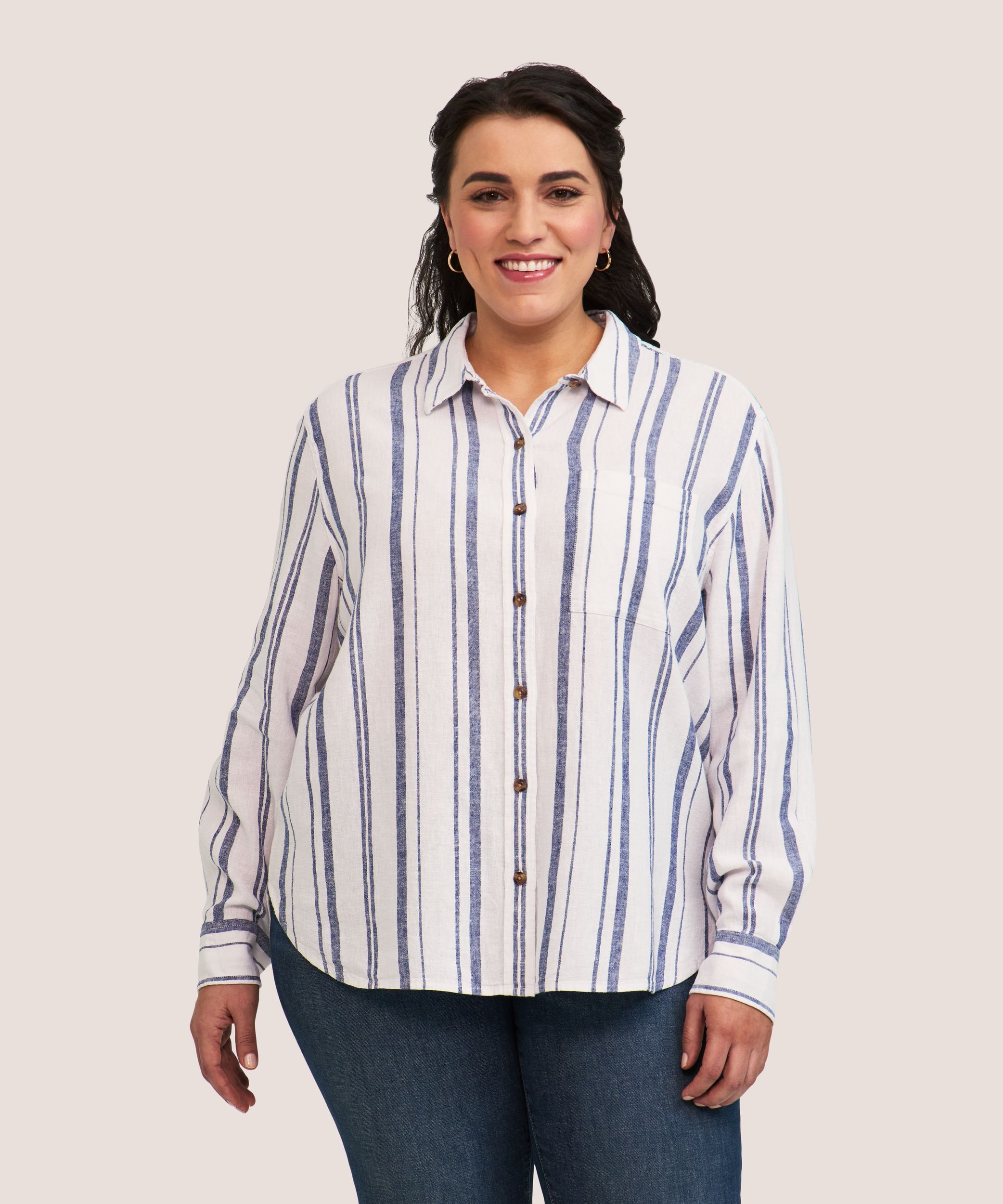 Denver Hayes Women's Long Sleeve Linen Blend Relaxed Button Up Shirt