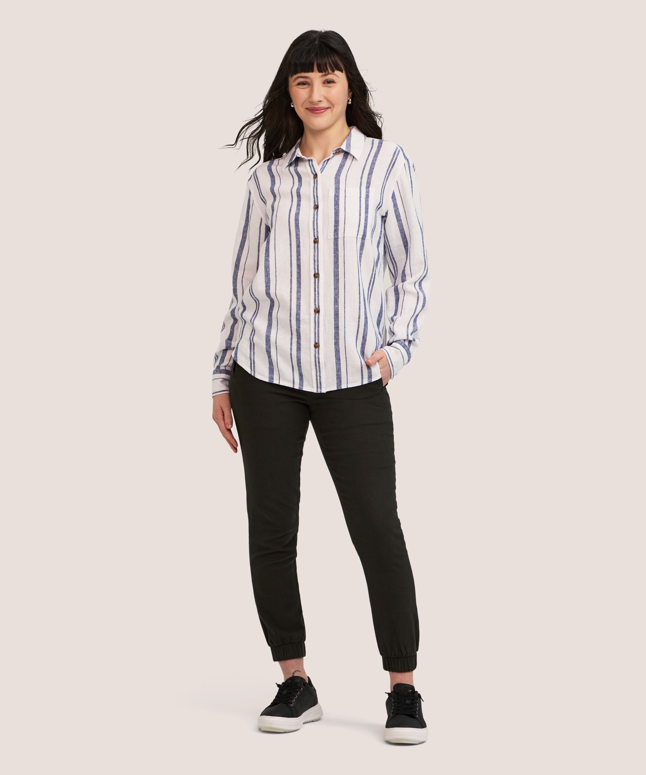 Denver Hayes Women's Long Sleeve Linen Blend Relaxed Button Up Shirt