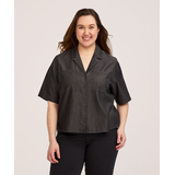 Denver Hayes Women's Short Sleeve Tencel Relaxed Cropped Button Up Shirt Front_Flat