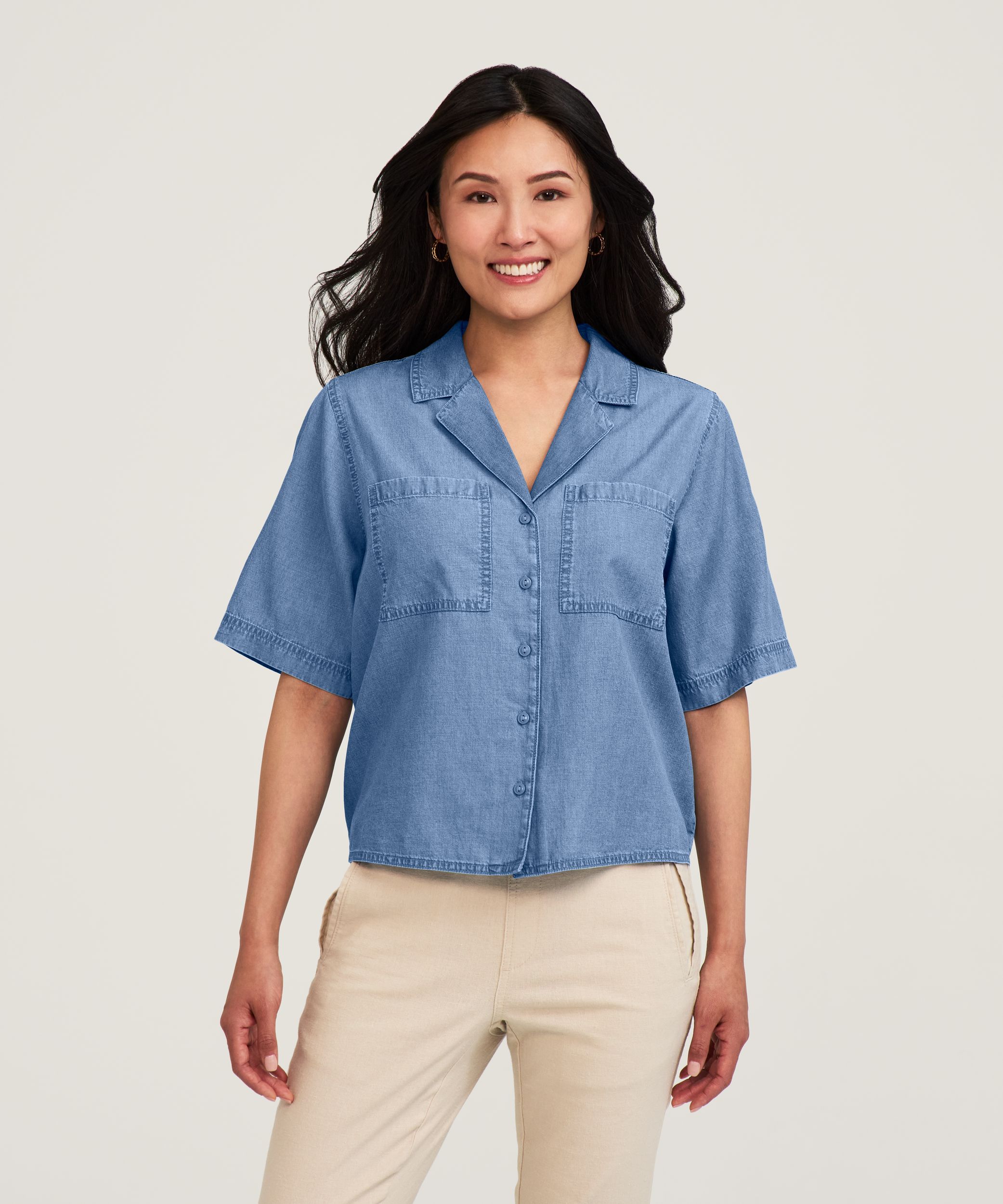 Denver Hayes Women's Short Sleeve Tencel Relaxed Cropped Button Up Shirt |  Mark's