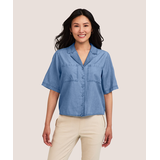 Denver Hayes Women's Short Sleeve Tencel Relaxed Cropped Button Up Shirt Front_Flat