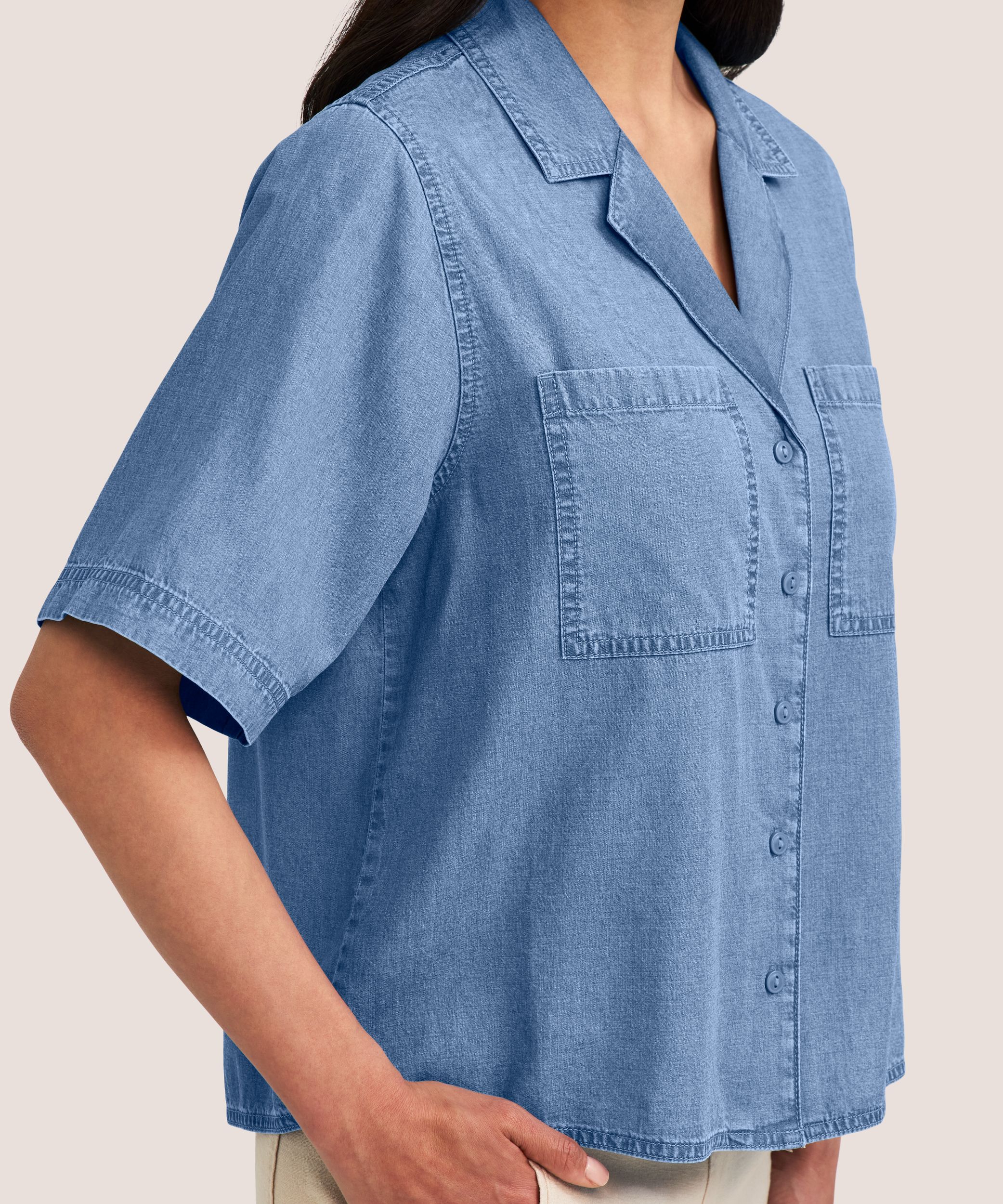 Denver Hayes Women's Short Sleeve Tencel Relaxed Cropped Button Up Shirt