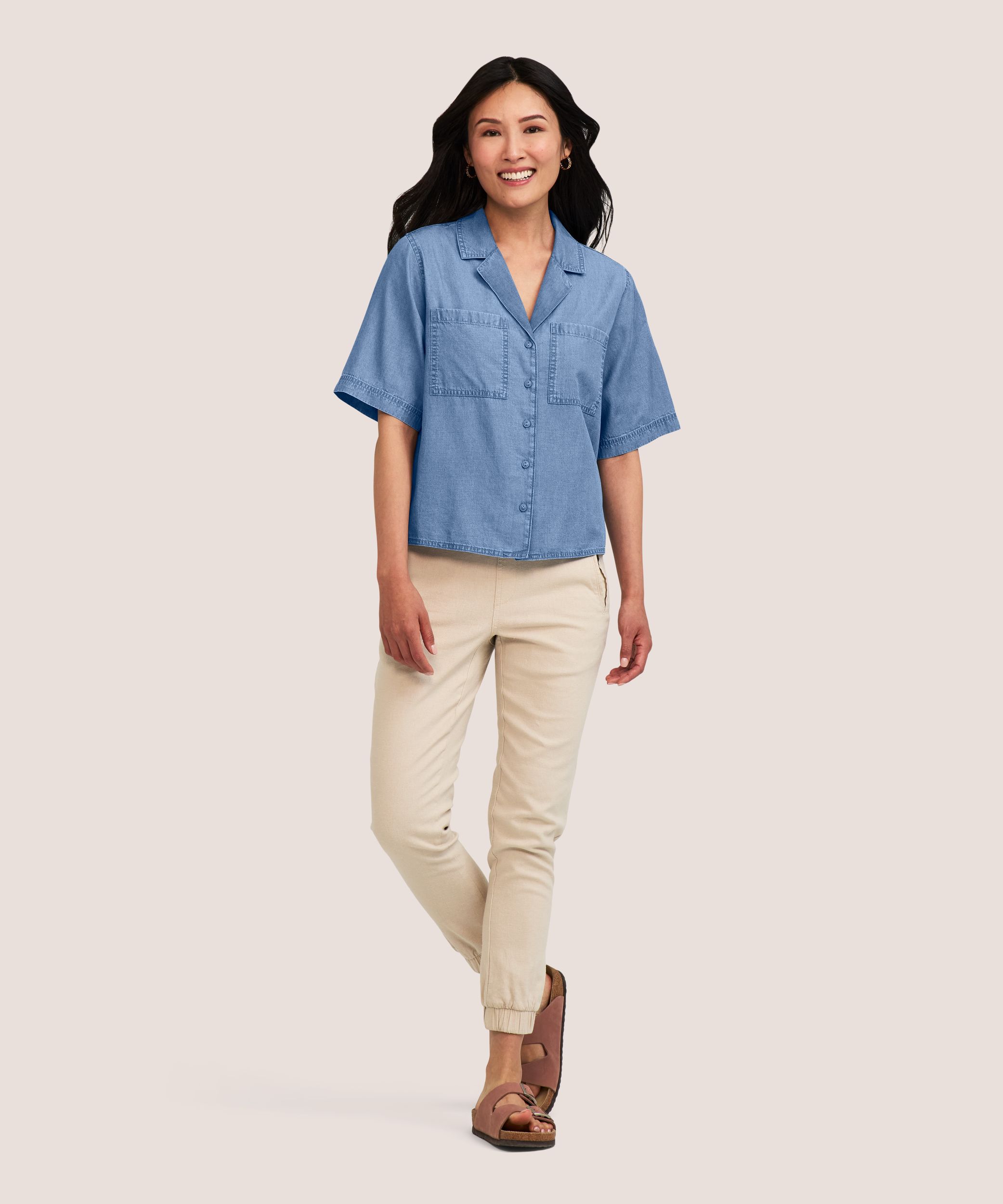 Denver Hayes Women's Short Sleeve Tencel Relaxed Cropped Button Up Shirt