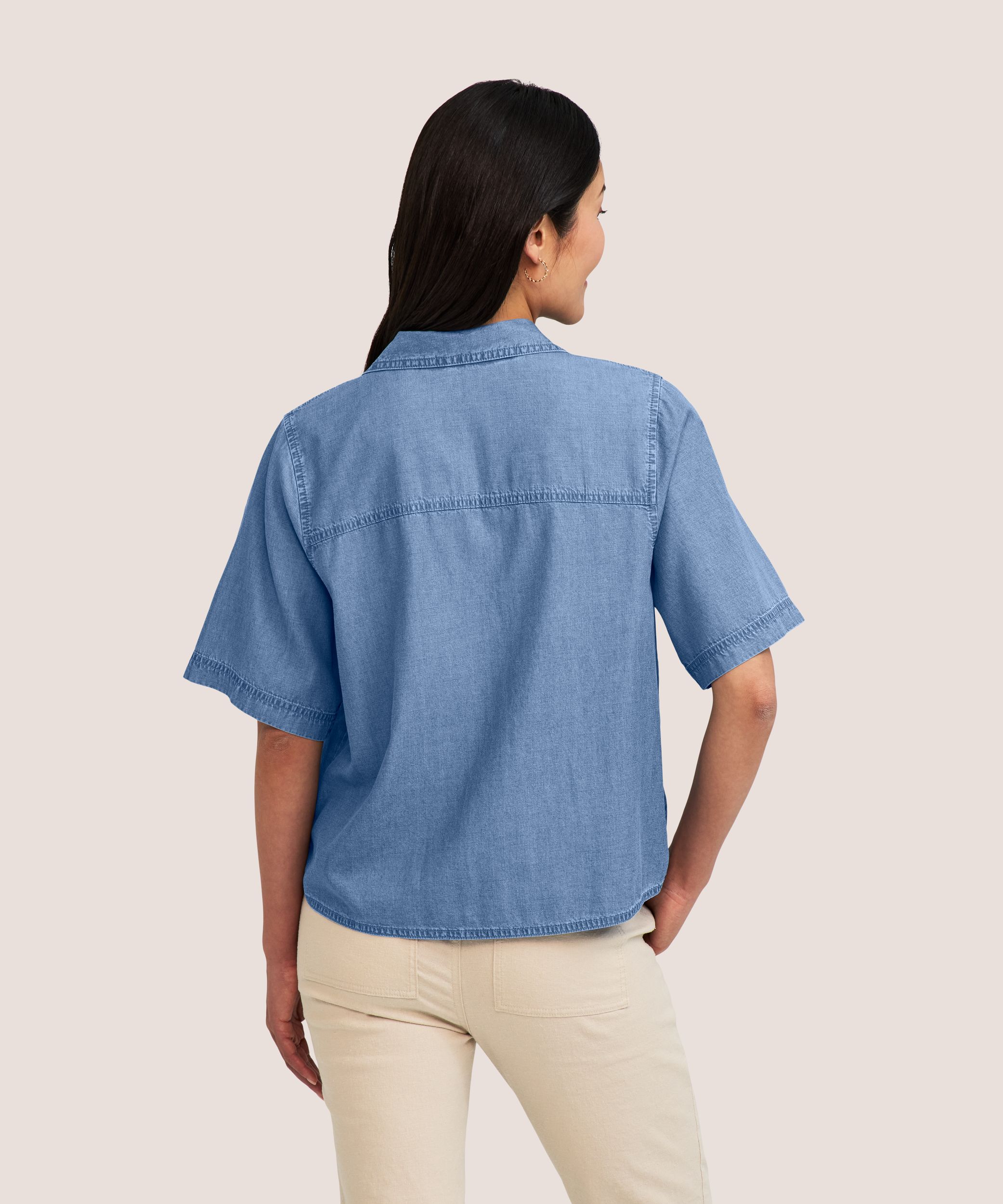 Denver Hayes Women's Short Sleeve Tencel Relaxed Cropped Button Up Shirt