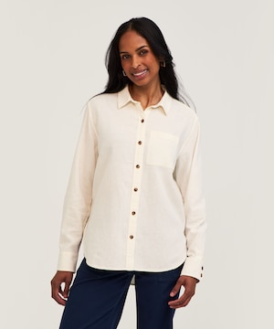 Chemise boutonnée à manches longues en mélange de lin à coupe décontractée pour femmes, Denver Hayes