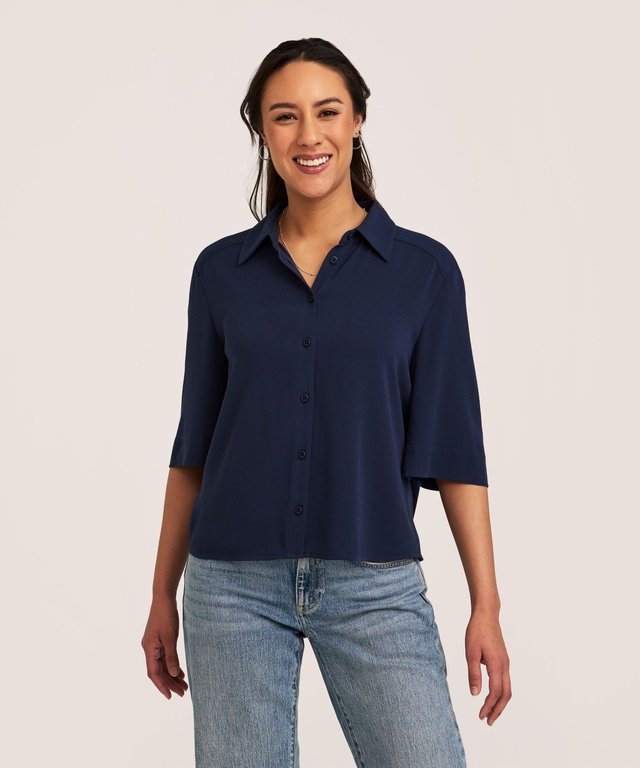 Denver Hayes Women's Sleeve Crinkle Button-Up Blouse
