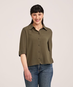 Denver Hayes Women's Sleeve Crinkle Button-Up Blouse