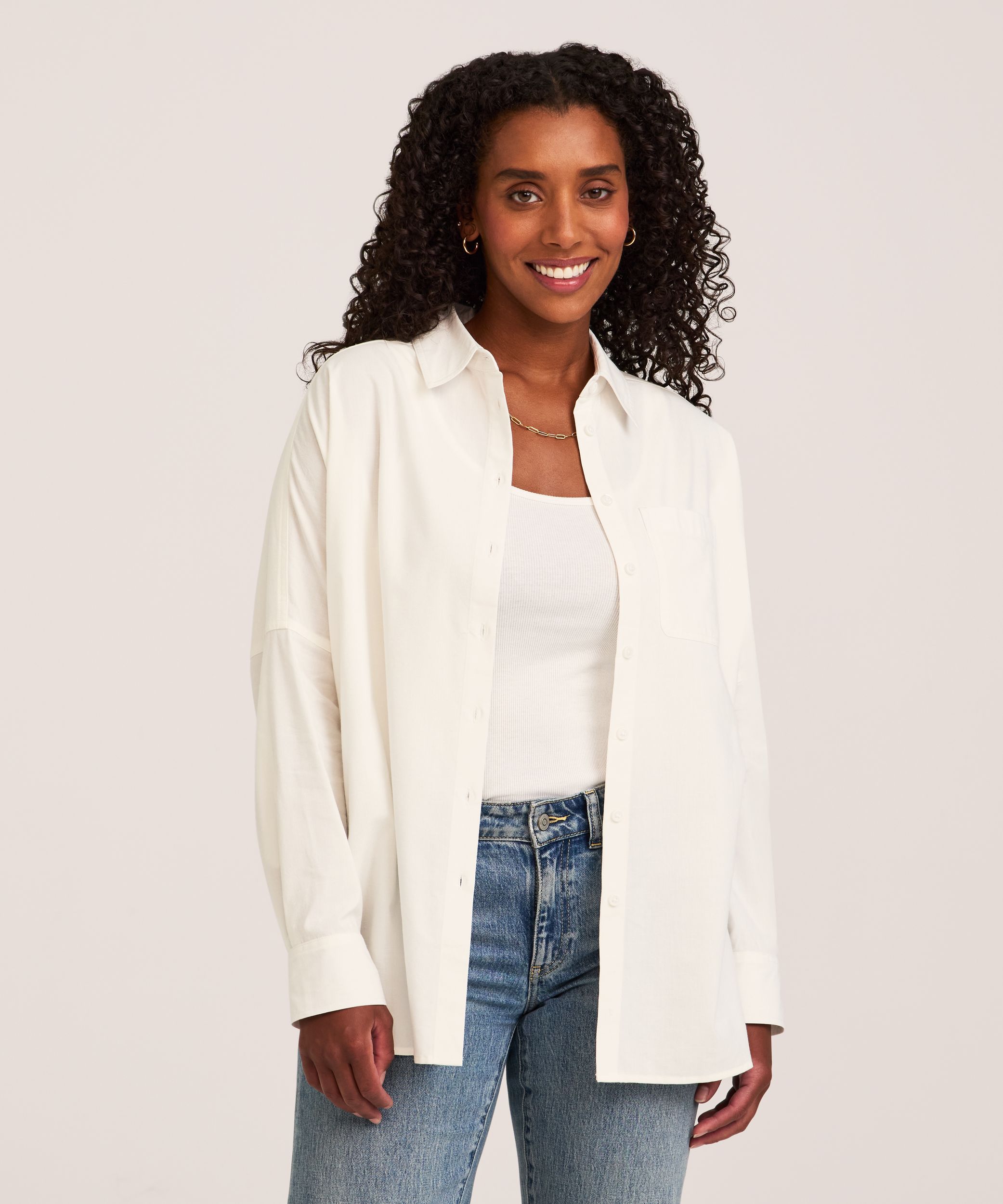 Chemise boutonnée surdimensionnée à manches longues en mélange de coton pour femmes, Denver Hayes