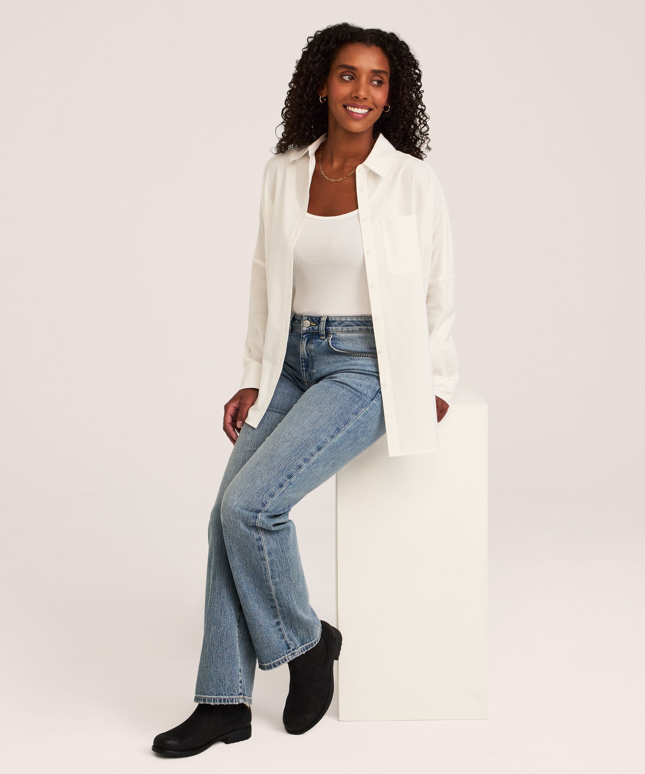 Chemise boutonnée surdimensionnée à manches longues en mélange de coton pour femmes, Denver Hayes