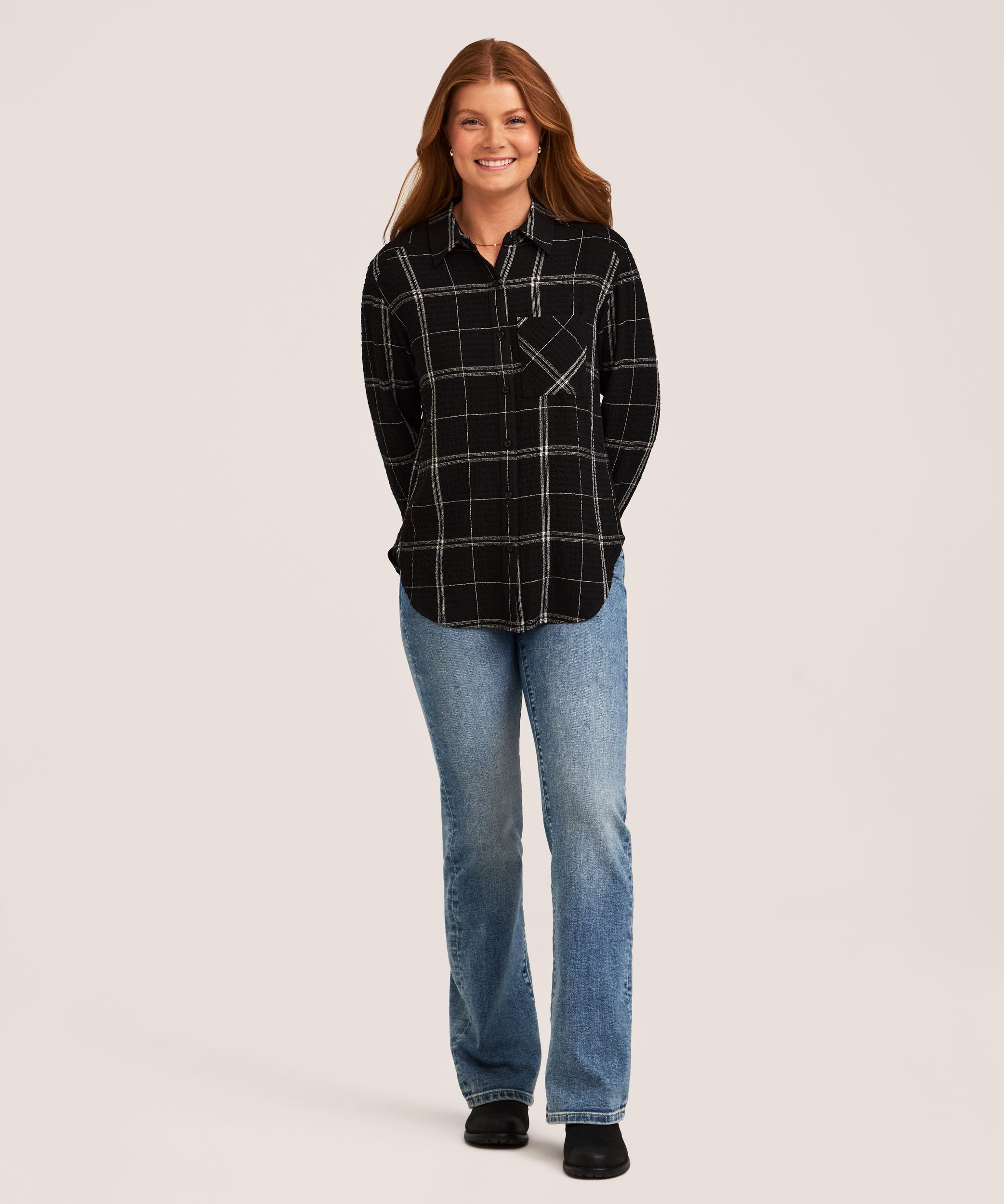 Denver Hayes Women's Long Sleeve Semi Fitted Textured Button-Up Shirt