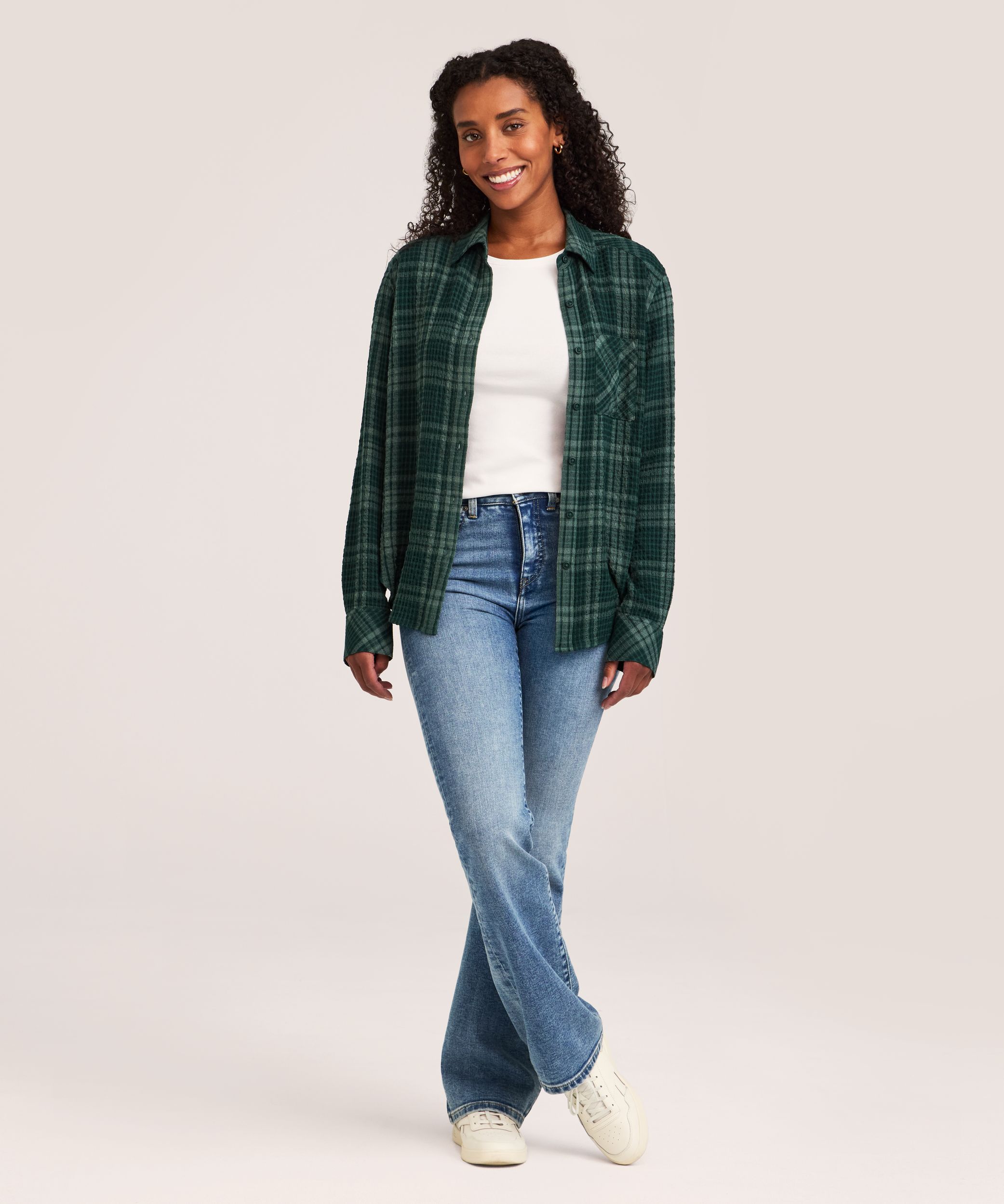 Denver Hayes Women's Long Sleeve Semi Fitted Textured Button-Up Shirt