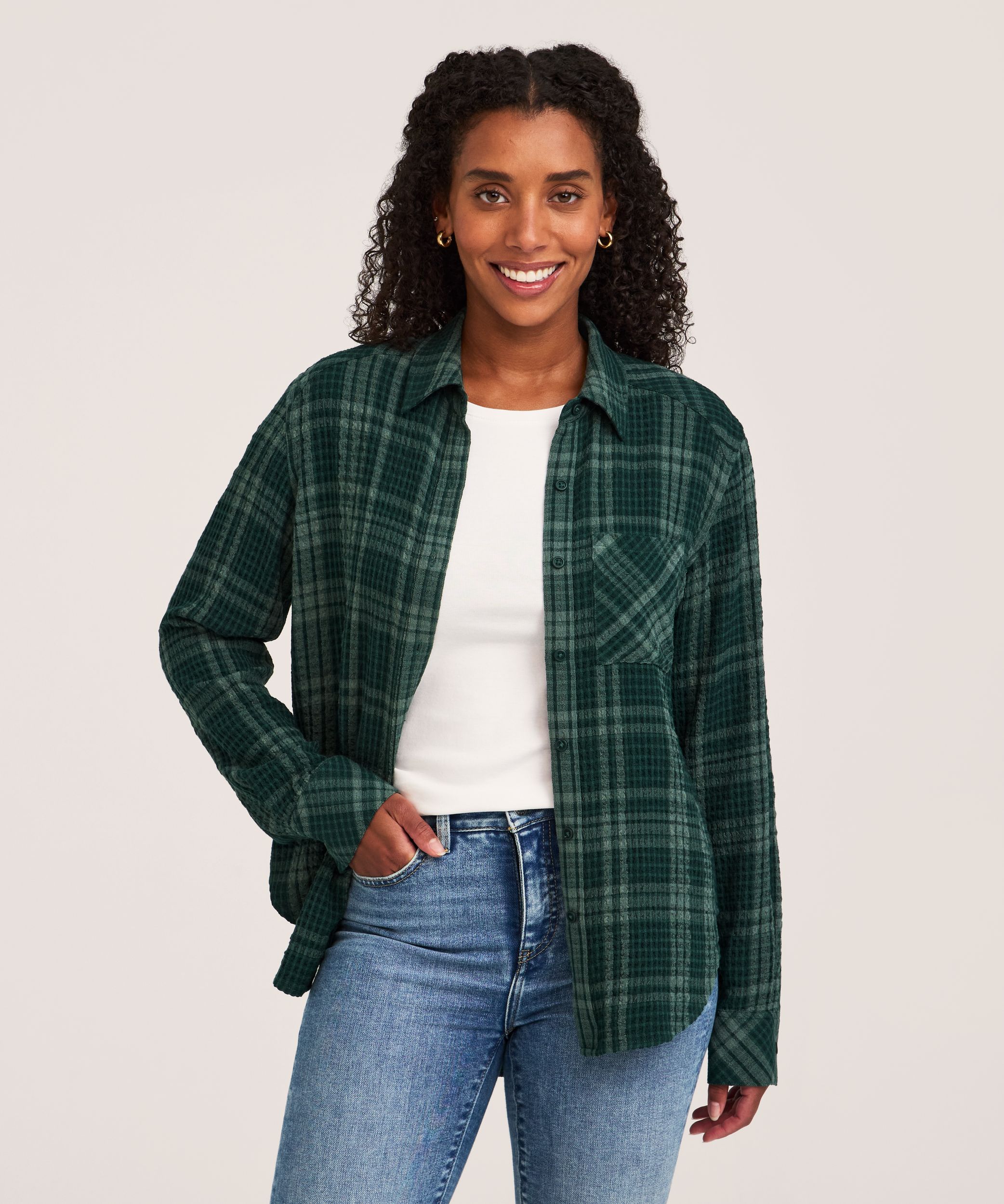 Denver Hayes Women's Long Sleeve Semi Fitted Textured Button-Up Shirt