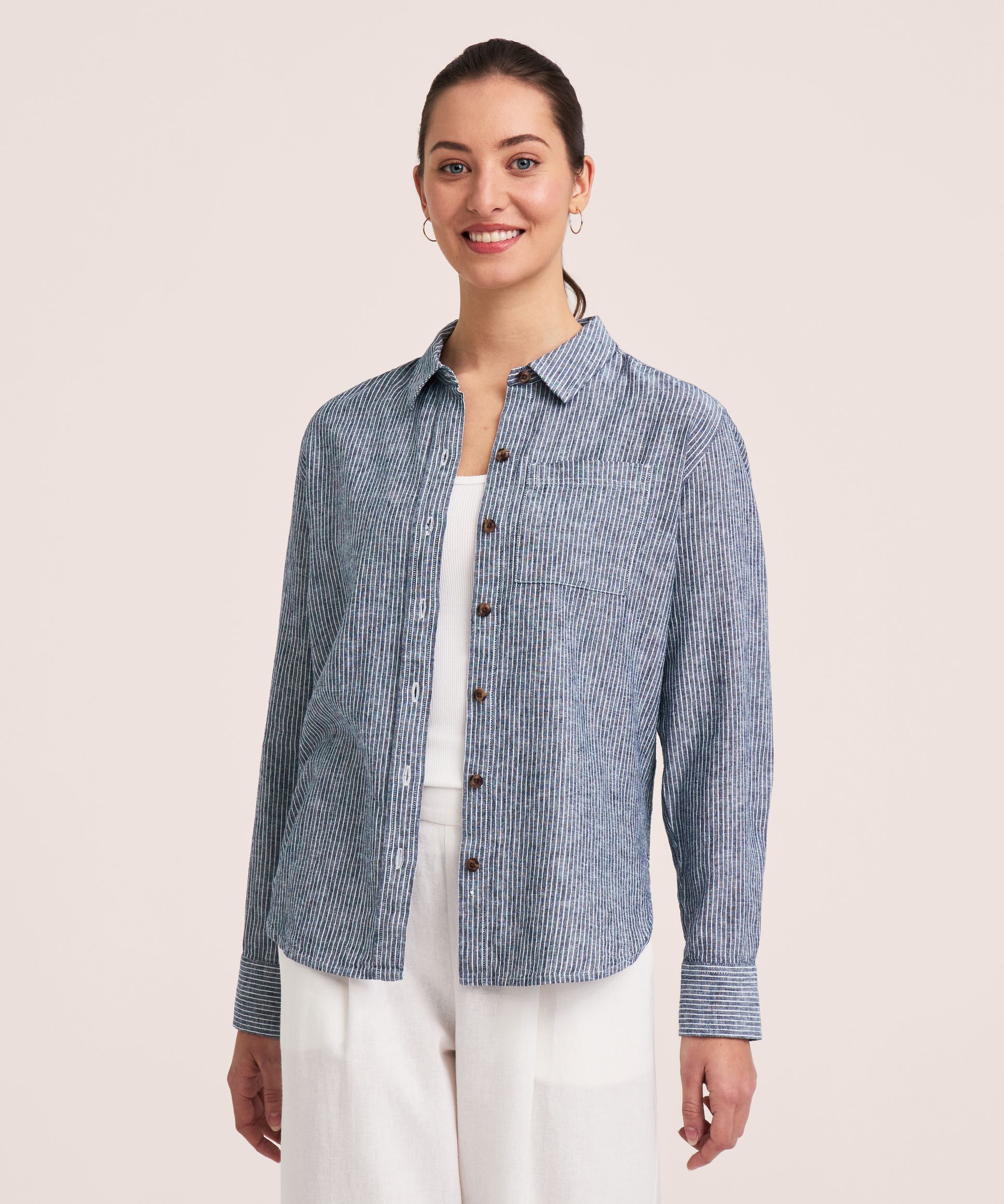 Denver Hayes Women's Long Sleeve Linen Blend Relaxed Button Up Shirt