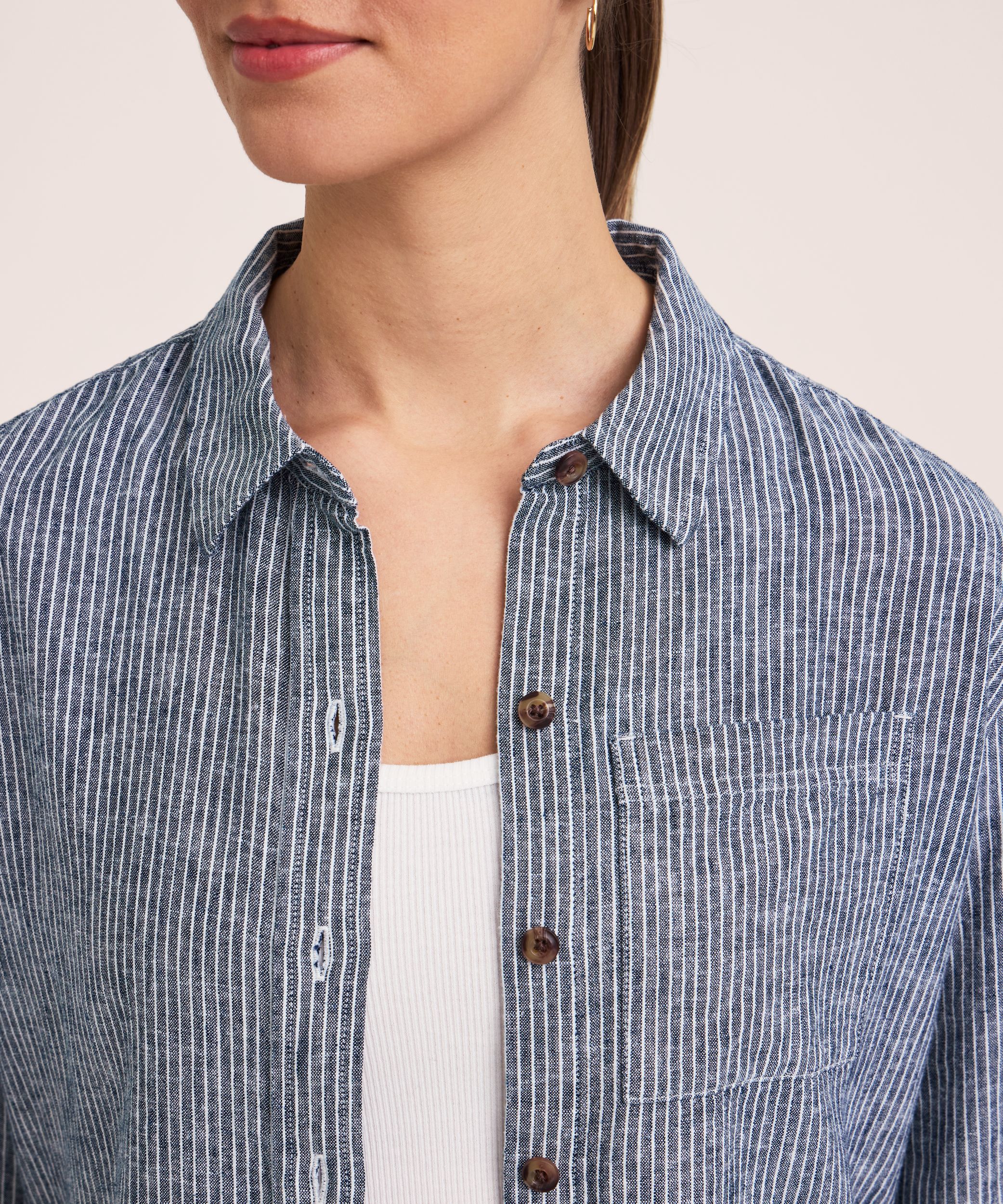 Denver Hayes Women's Long Sleeve Linen Blend Relaxed Button Up Shirt