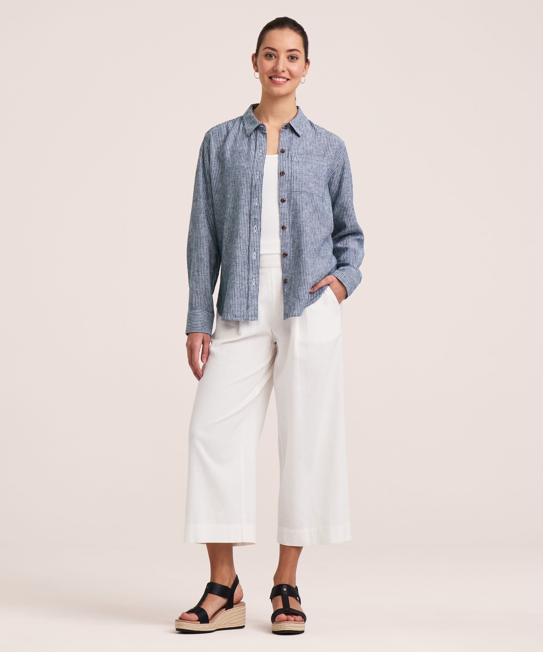 Denver Hayes Women's Long Sleeve Linen Blend Relaxed Button Up Shirt