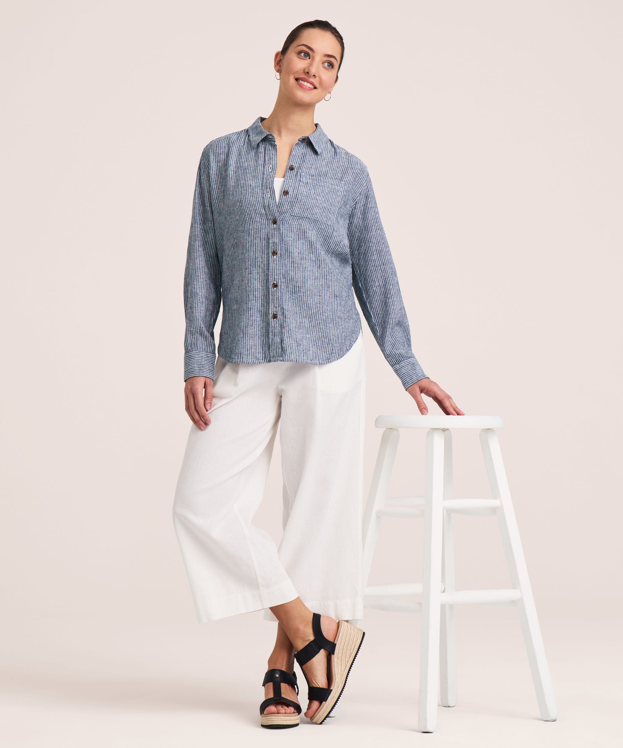 Denver Hayes Women's Long Sleeve Linen Blend Relaxed Button Up Shirt
