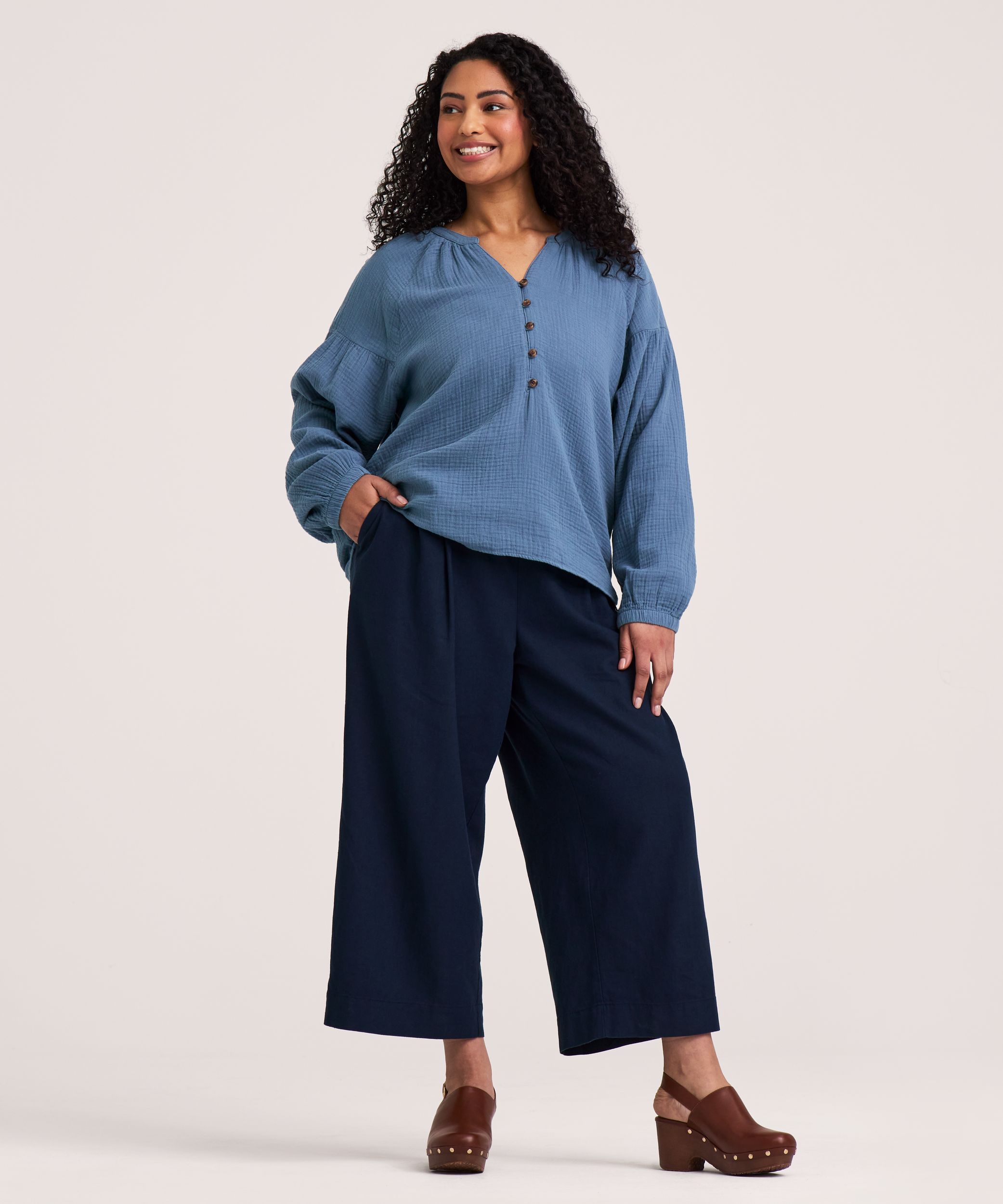 Blouse en mousseline double couche à manches longues pour femmes, Denver Hayes