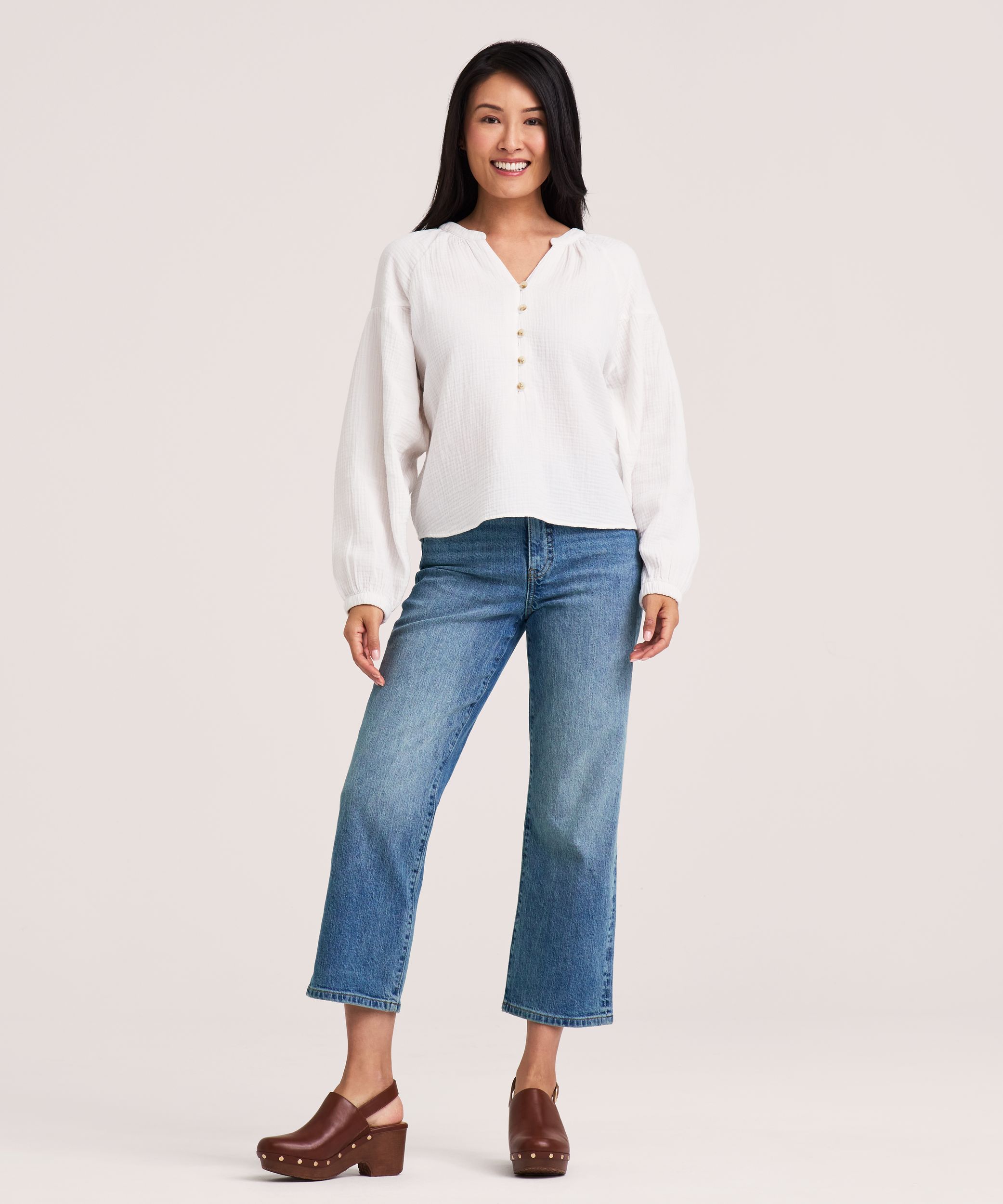 Blouse en mousseline double couche à manches longues pour femmes, Denver Hayes