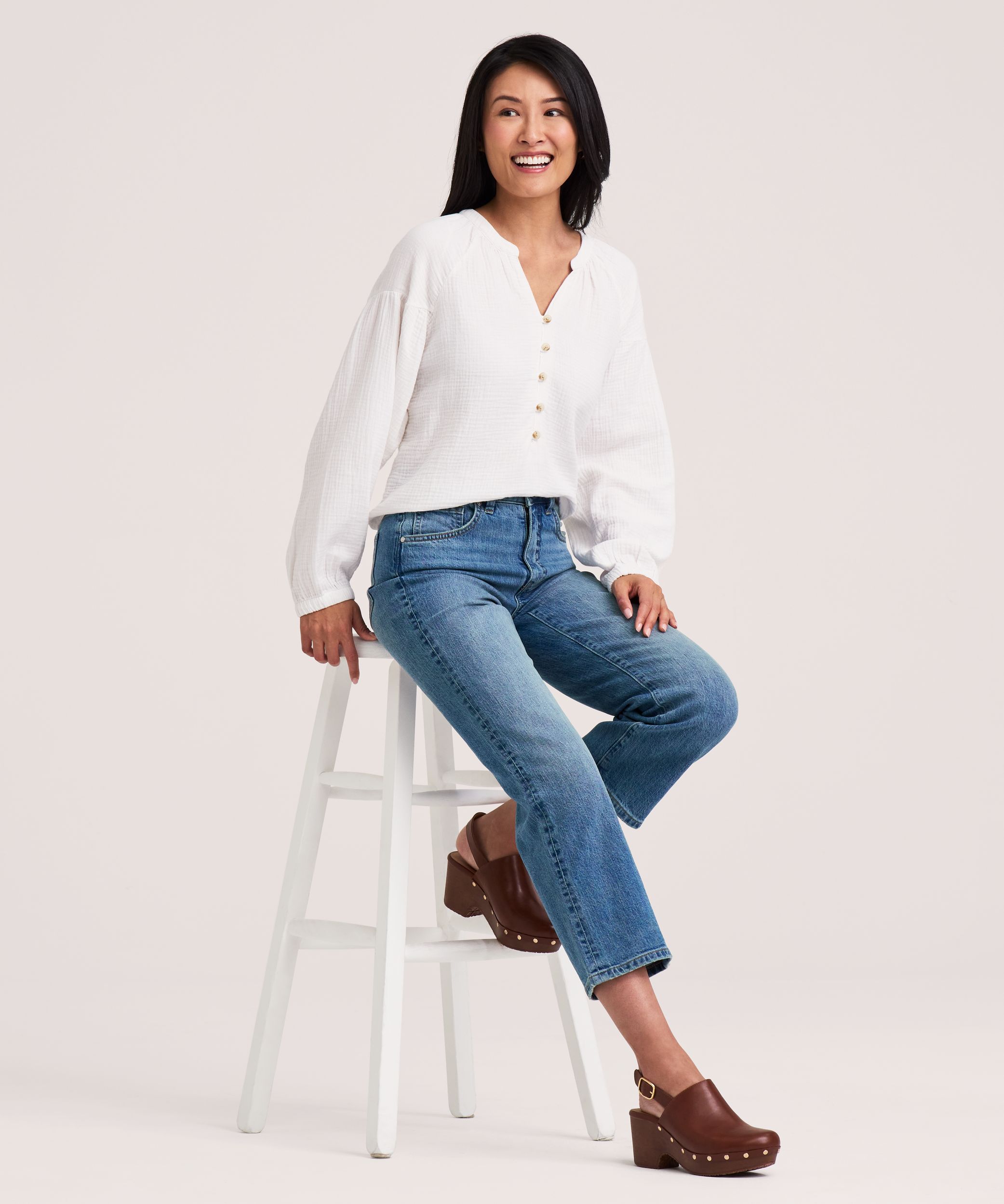 Blouse en mousseline double couche à manches longues pour femmes, Denver Hayes