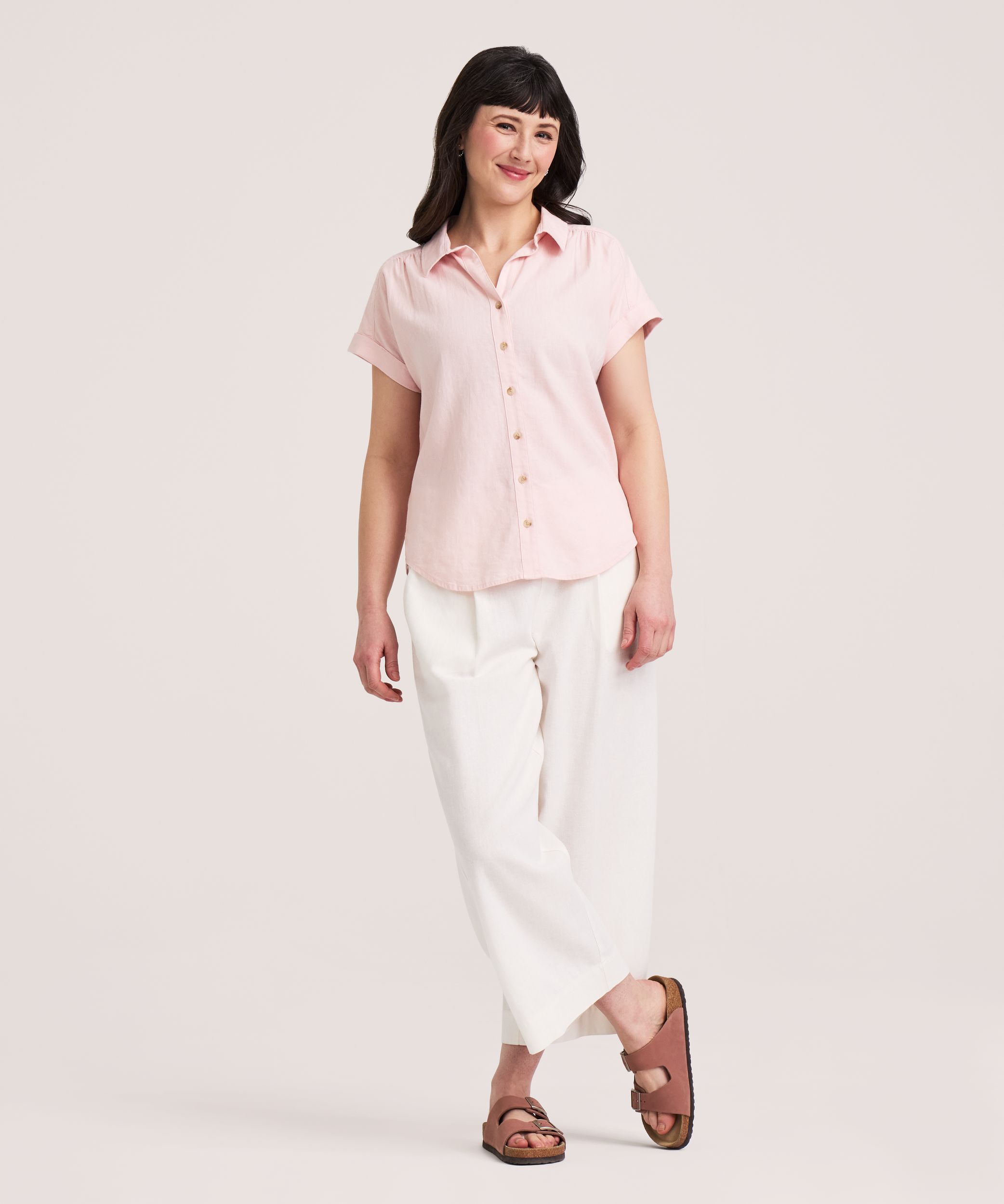 Denver Hayes Women's Short Sleeve Relaxed Button-Up Linen Shirt