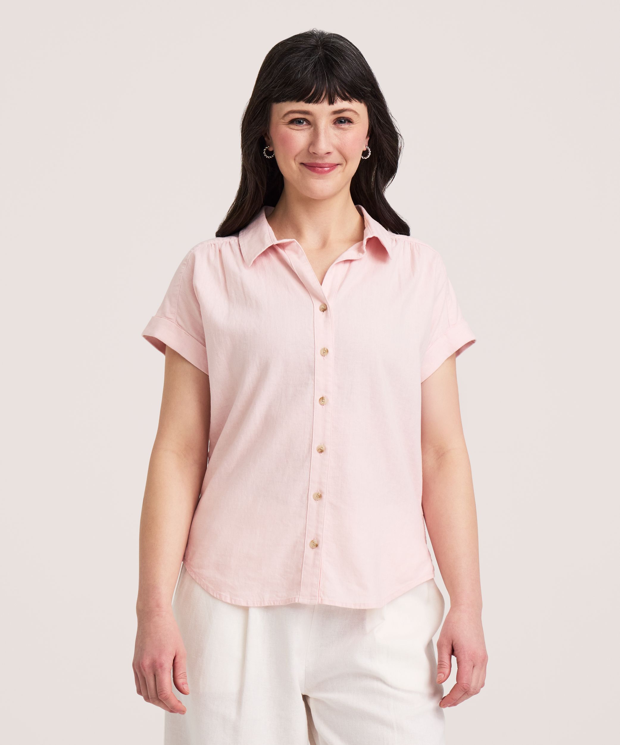 Denver Hayes Women's Short Sleeve Relaxed Button-Up Linen Shirt