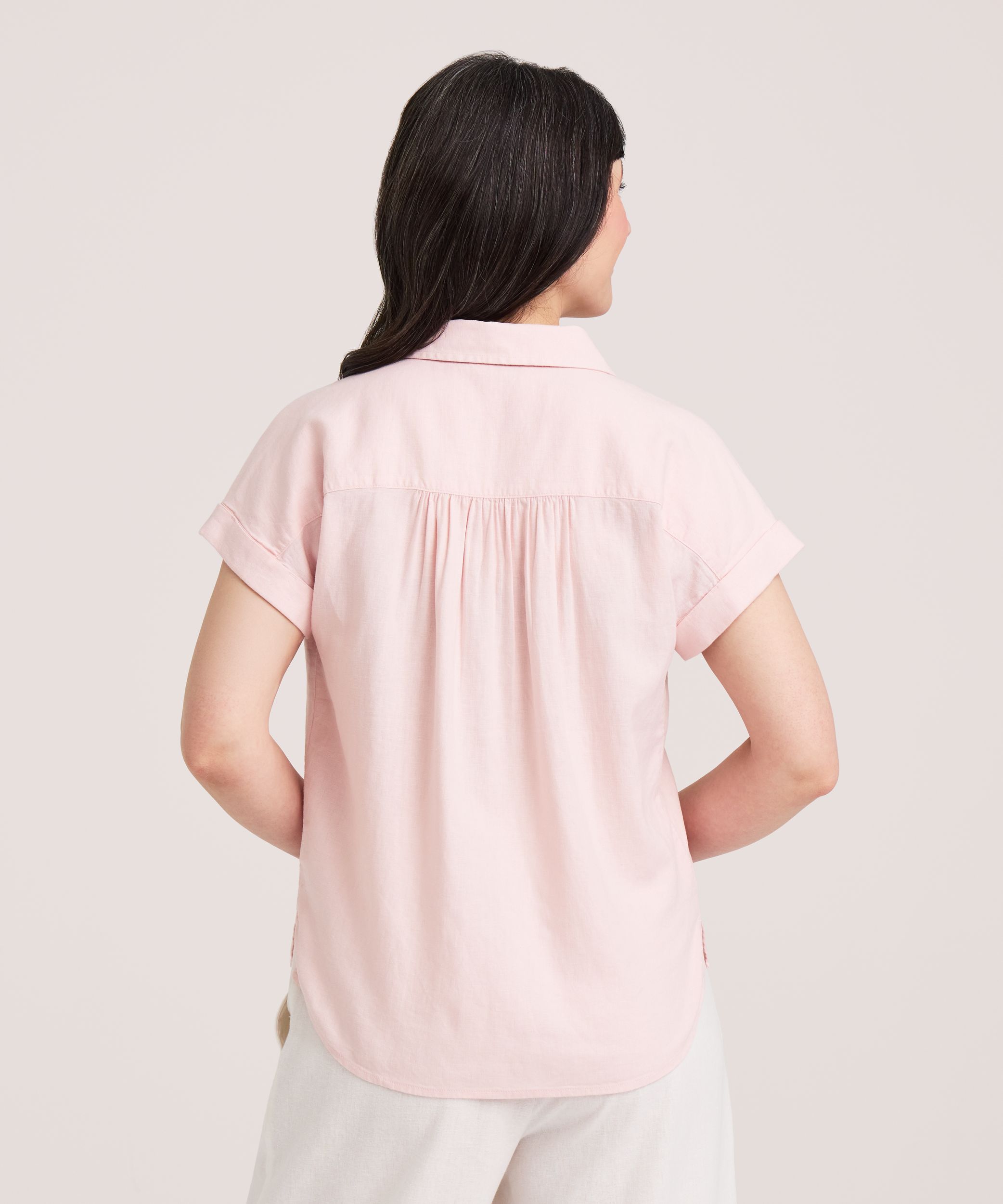 Denver Hayes Women's Short Sleeve Relaxed Button-Up Linen Shirt