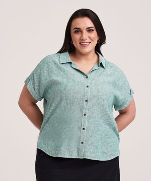 Denver Hayes Women's Short Sleeve Relaxed Button-Up Linen Shirt