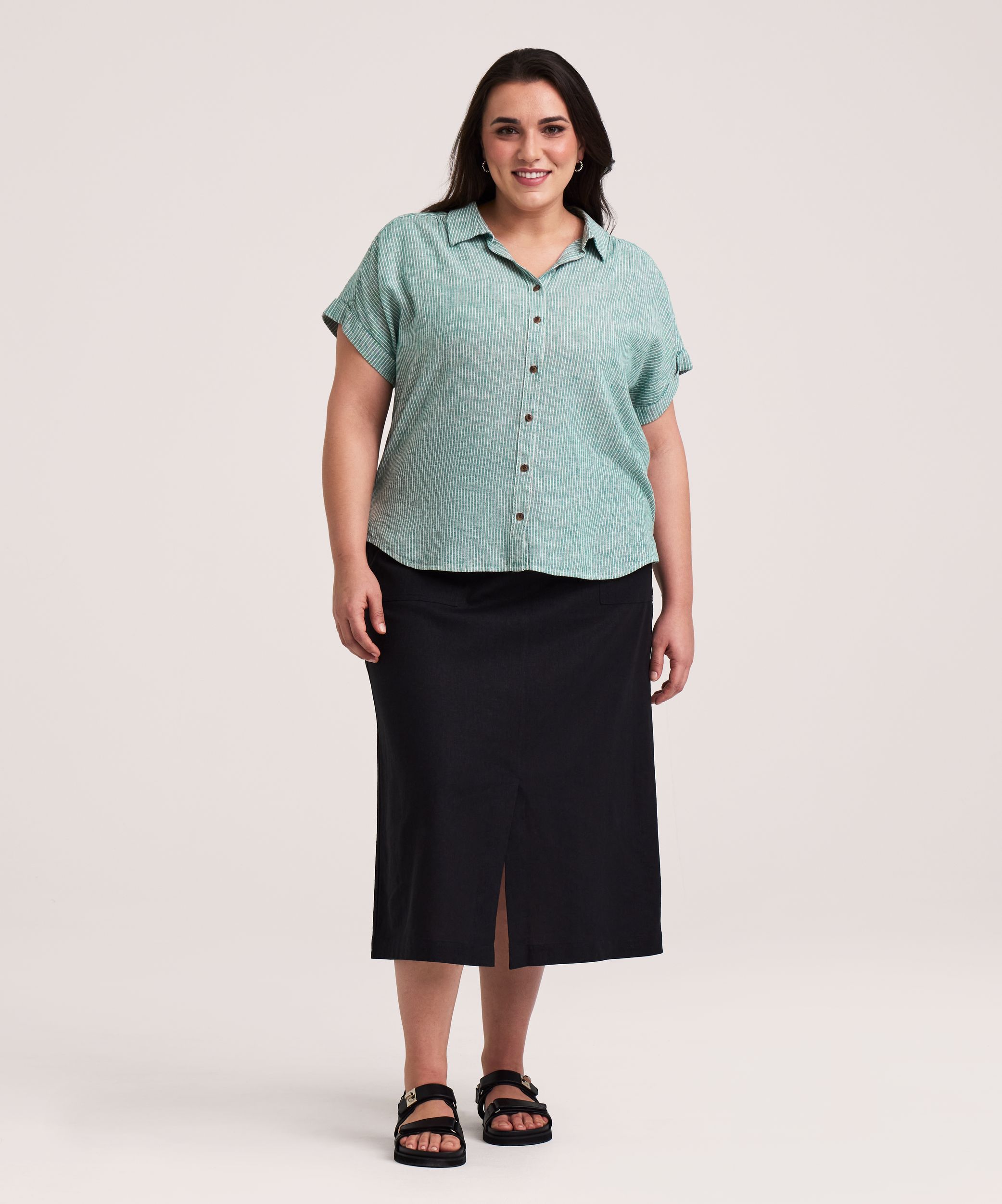 Denver Hayes Women's Short Sleeve Relaxed Button-Up Linen Shirt