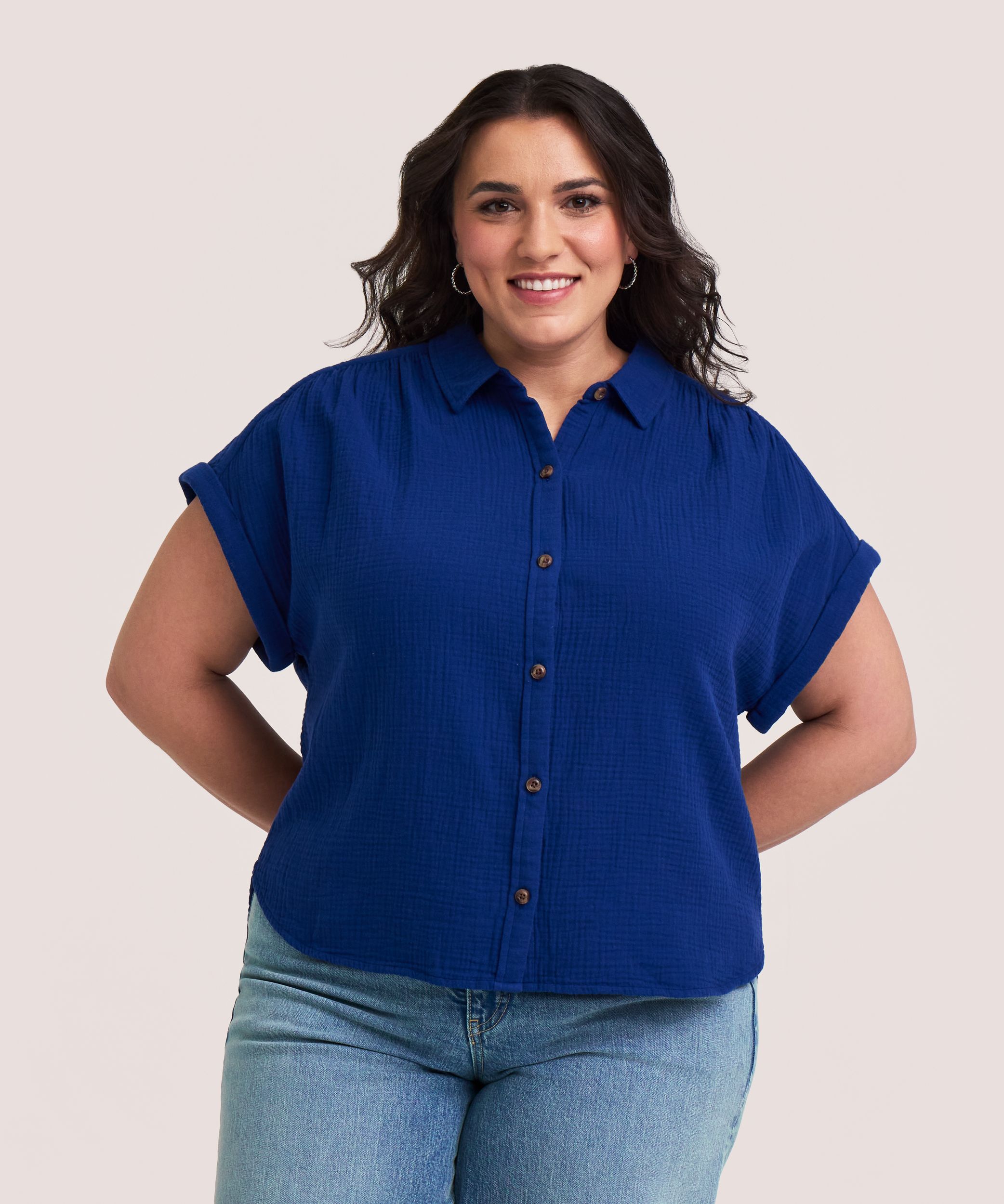 Denver Hayes Women's Short Sleeve Relaxed Double Gauze Button-Up Shirt