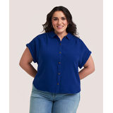 Denver Hayes Women's Short Sleeve Relaxed Double Gauze Button-Up Shirt Front_Flat