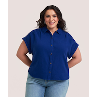 Denver Hayes Women's Short Sleeve Relaxed Double Gauze Button-Up Shirt Front_Flat