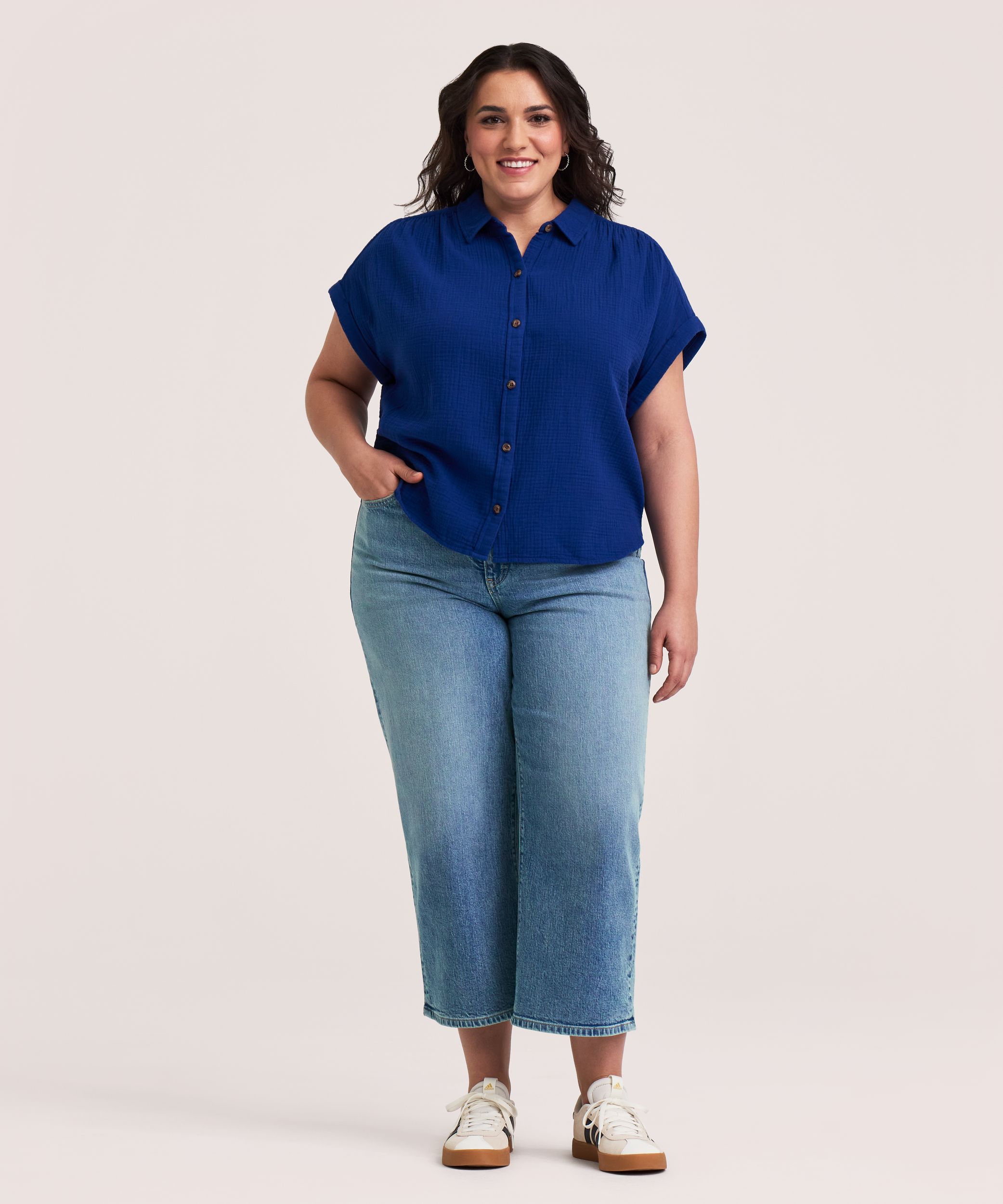 Denver Hayes Women's Short Sleeve Relaxed Double Gauze Button-Up Shirt