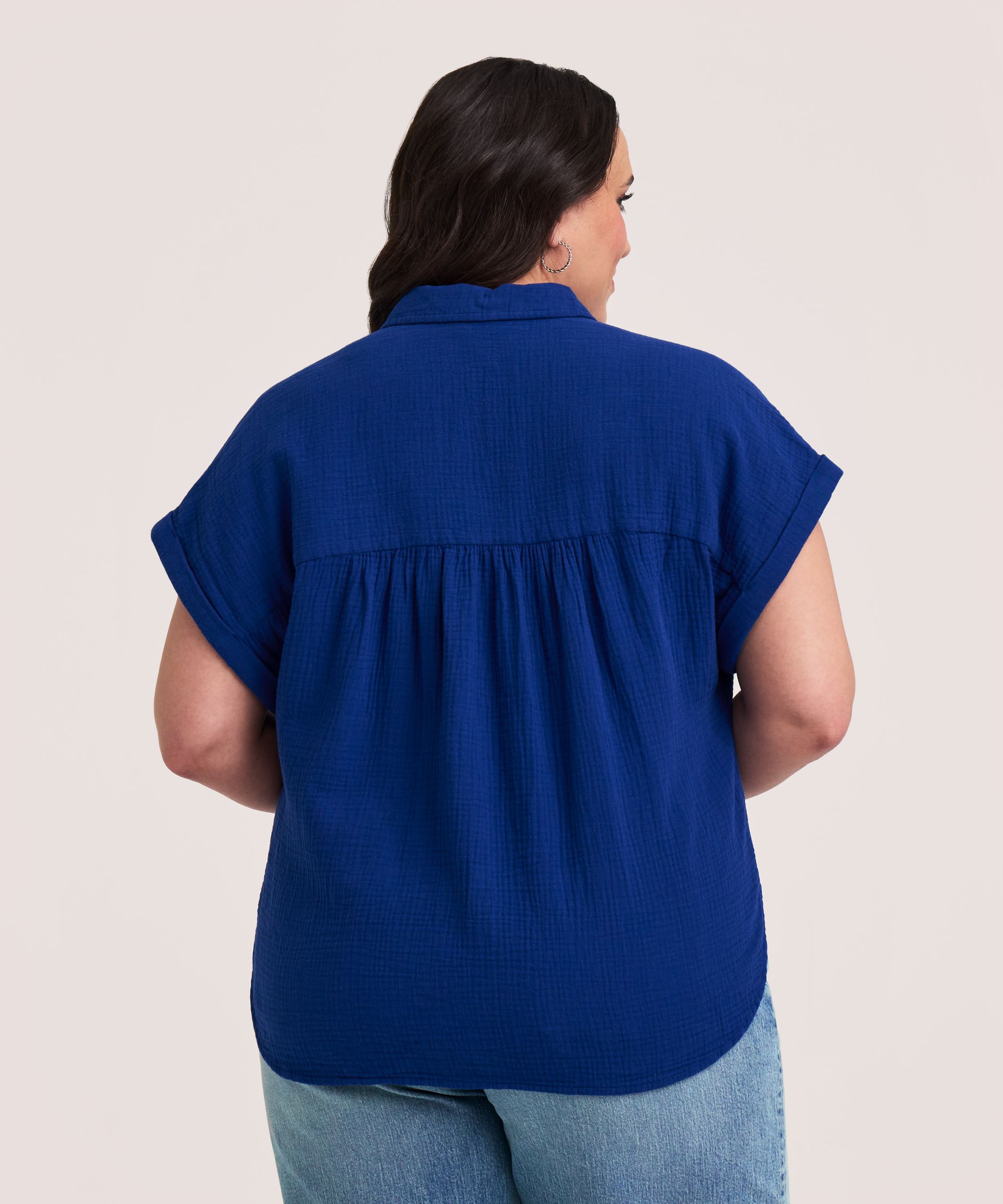 Denver Hayes Women's Short Sleeve Relaxed Double Gauze Button-Up Shirt