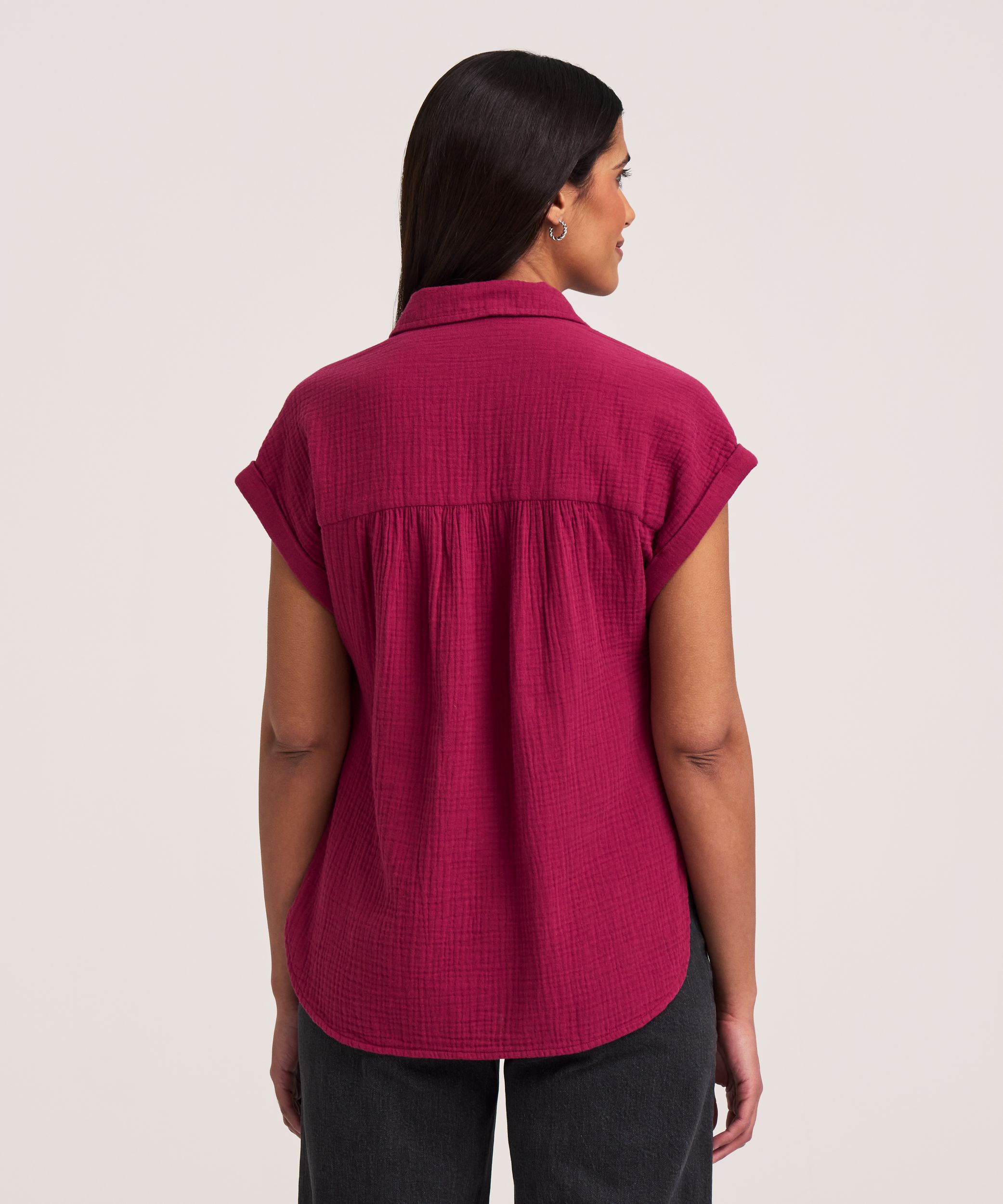 Denver Hayes Women's Short Sleeve Relaxed Double Gauze Button-Up Shirt