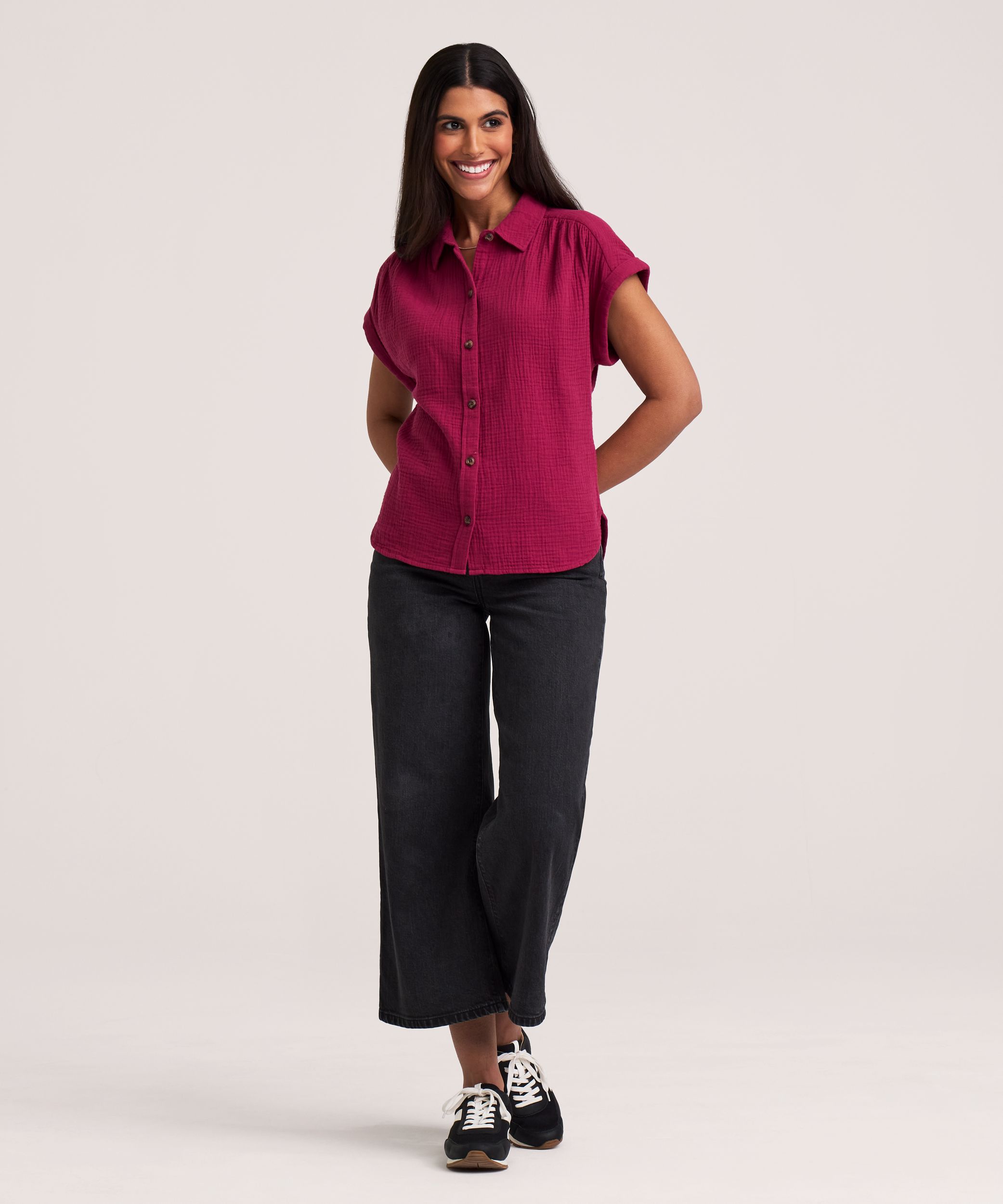 Denver Hayes Women's Short Sleeve Relaxed Double Gauze Button-Up Shirt