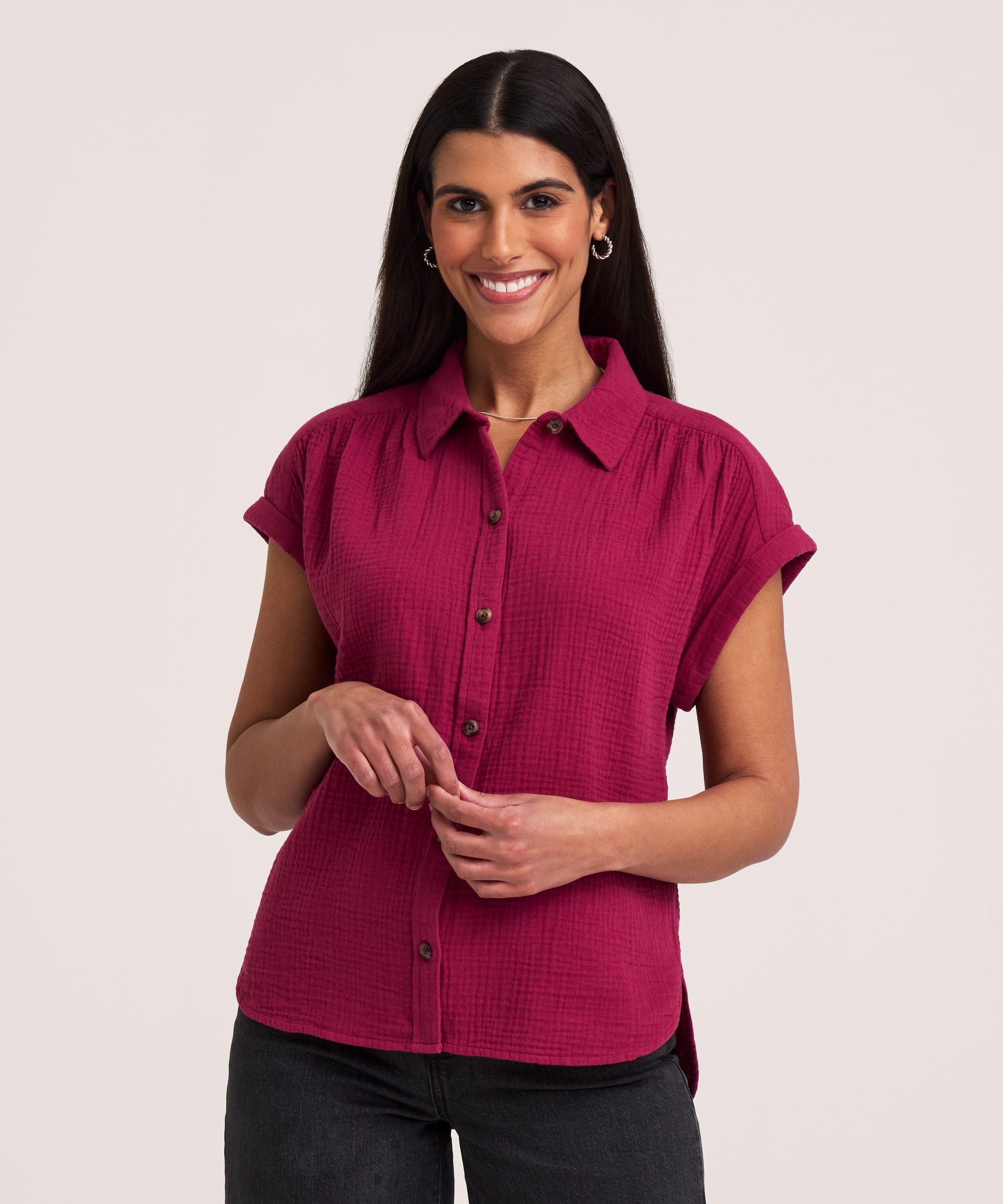 Denver Hayes Women's Short Sleeve Relaxed Double Gauze Button-Up Shirt