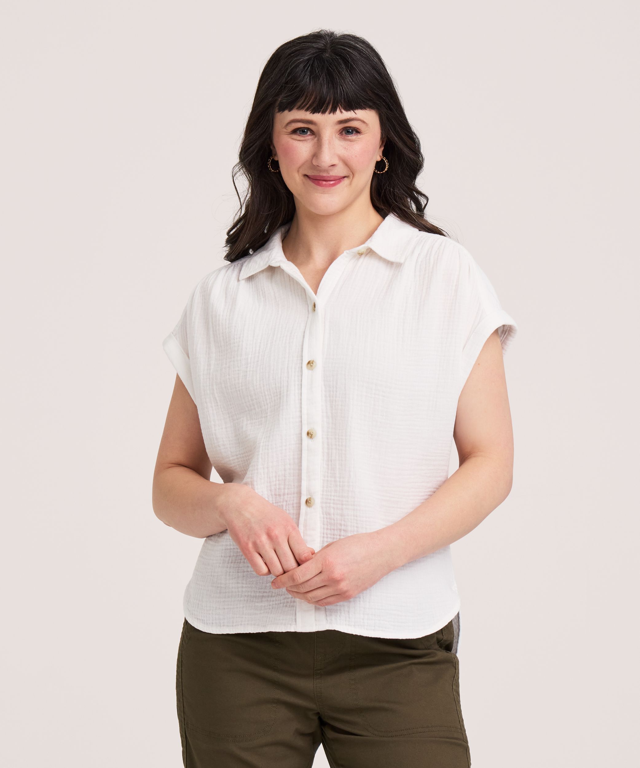 Chemise boutonnée décontractée à manches courtes en mousseline double pour femmes, Denver Hayes