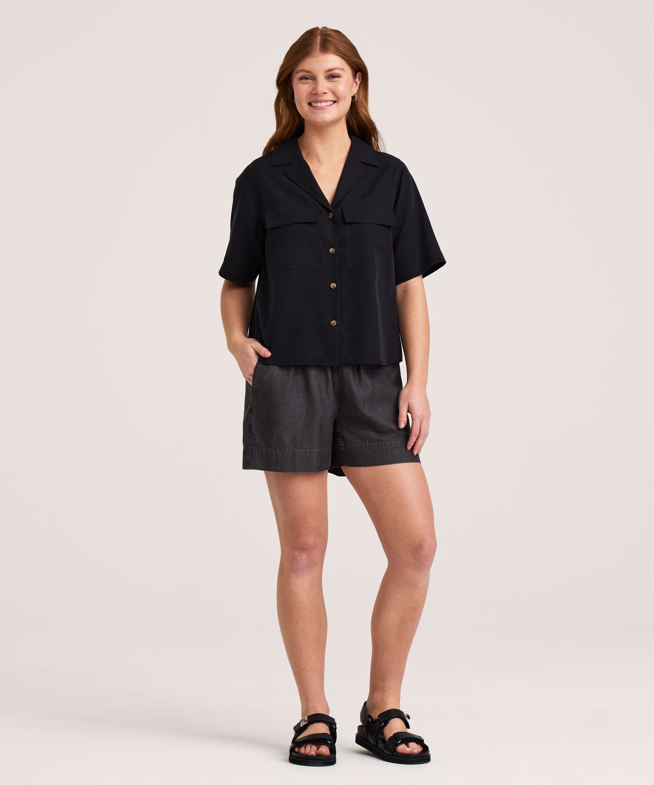 Denver Hayes Women's Short Sleeve Tencel Relaxed Utility Button-Up Shirt