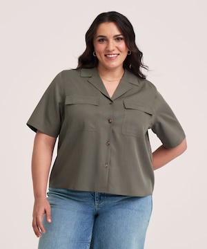Denver Hayes Women's Short Sleeve Tencel Relaxed Utility Button-Up Shirt
